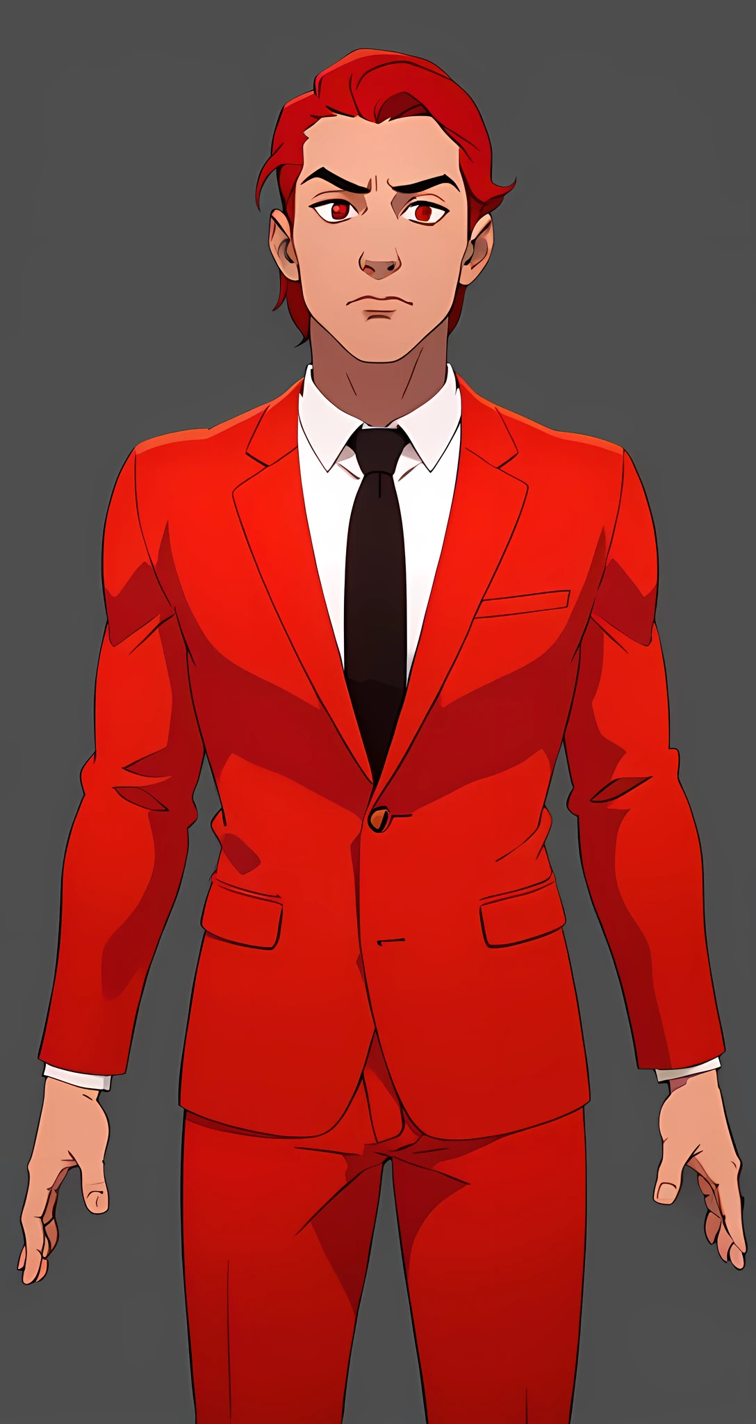 Eddie-Red A young man, red hair, combed hair, red eyes, wearing a red suit jacket, black tie