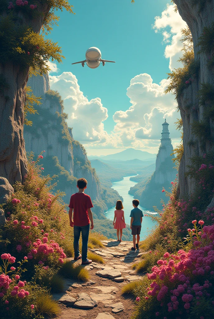 Two boys lying outside a crashed plane between vines and giant trees, In the distance you can see people walking on hanging bridges made of vines and wood with a sky where distant planets can be seen.