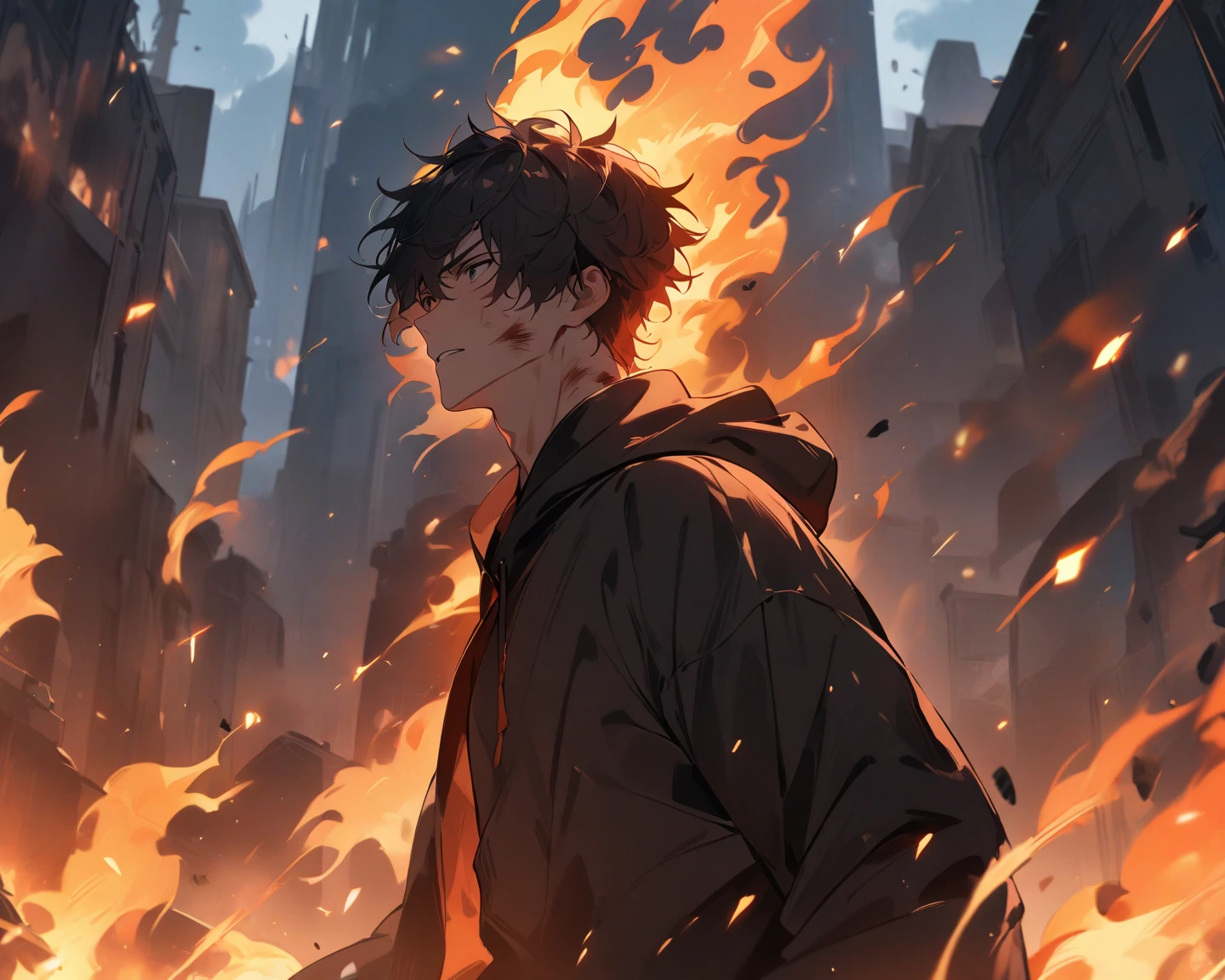 A man with a gun stands on a battlefield of despair,Dark style,He seemed to be thinking about something