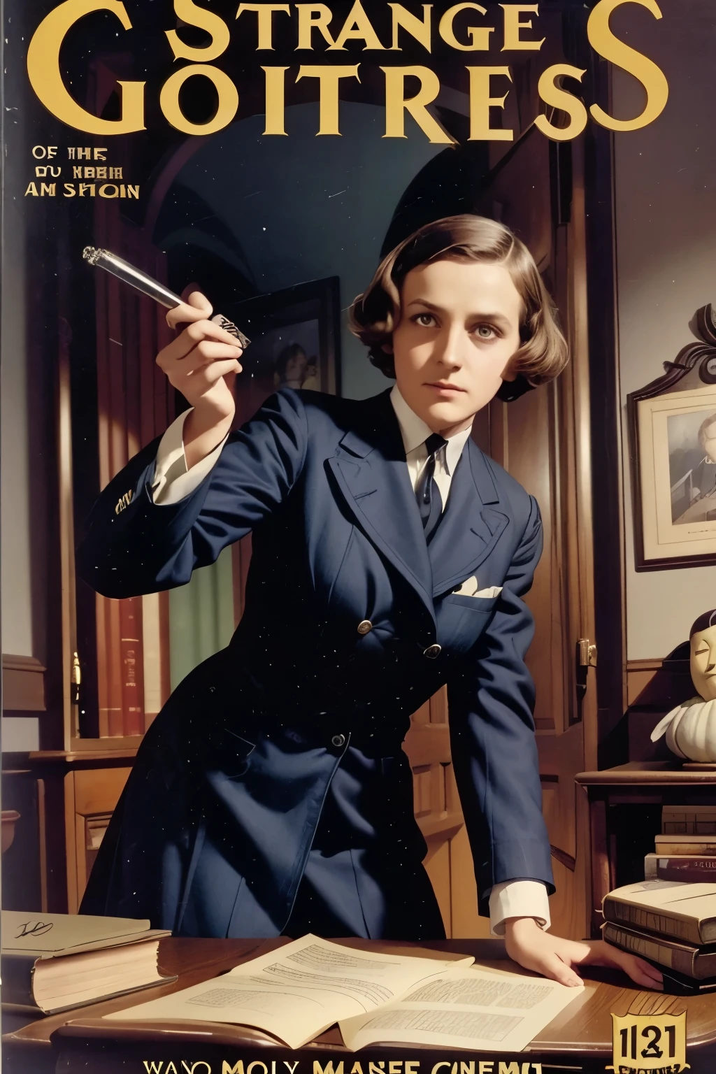 Cover mystery magazine title: "Strange Stories" , sub title: Detective Stories the case of the ghost of Freis's house, Magazine Era 1933, high quality,