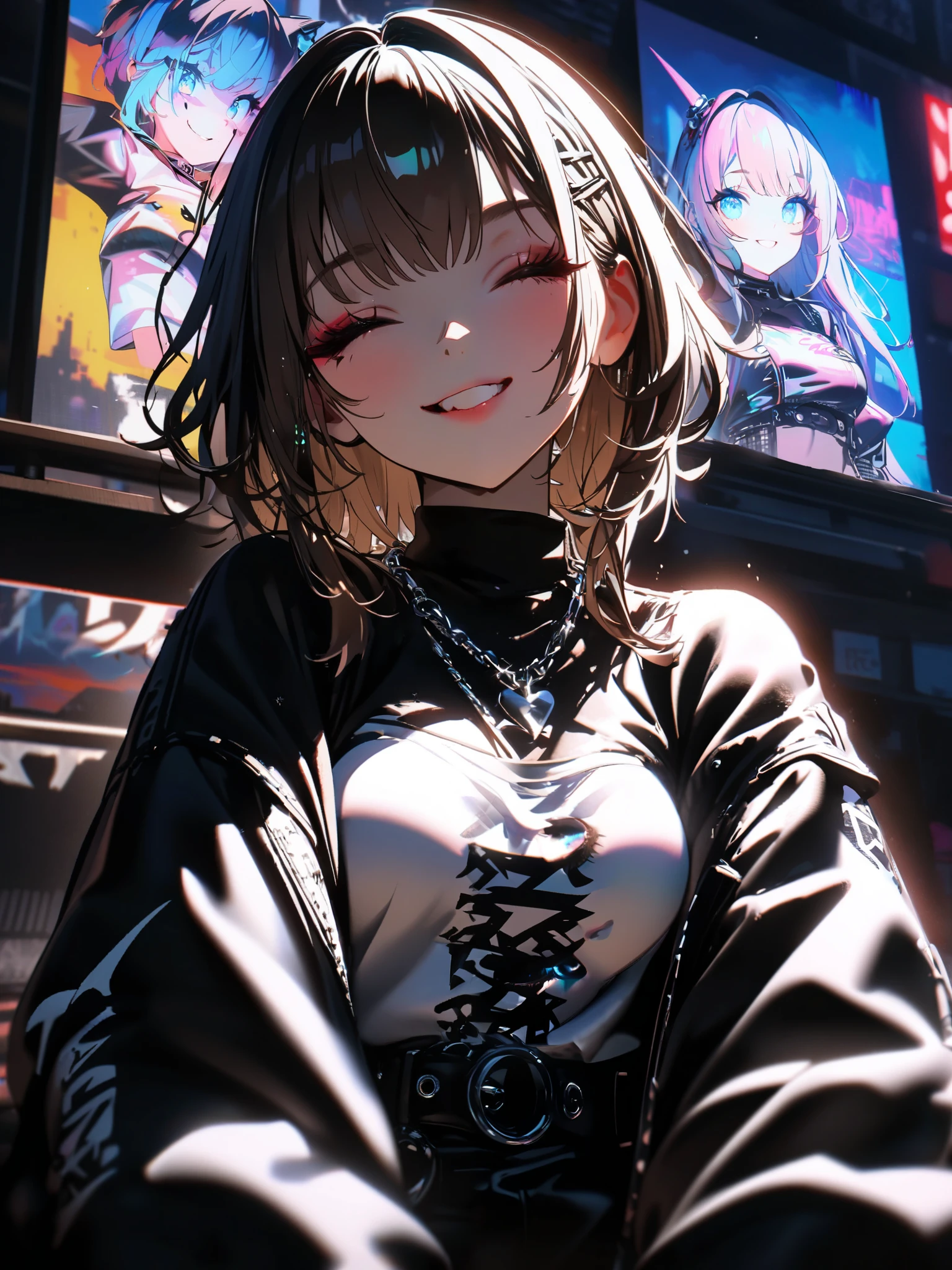 Anime girl with long hair and black top sitting in front of a tv ...
