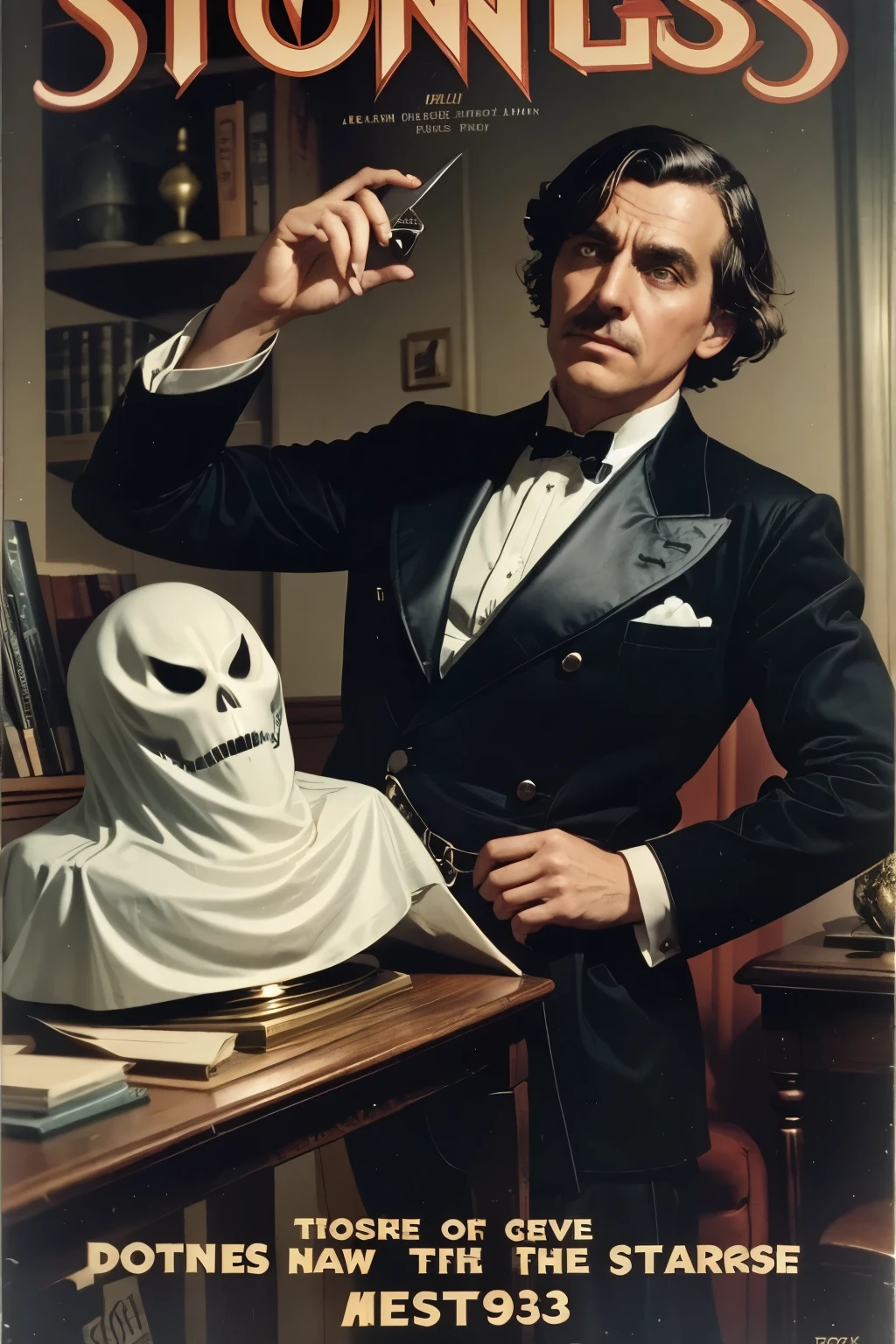 Cover mystery magazine title: "Strange Stories" , sub title: Detective Stories the case of the ghost of Freis's house, Magazine Era 1933, high quality,
