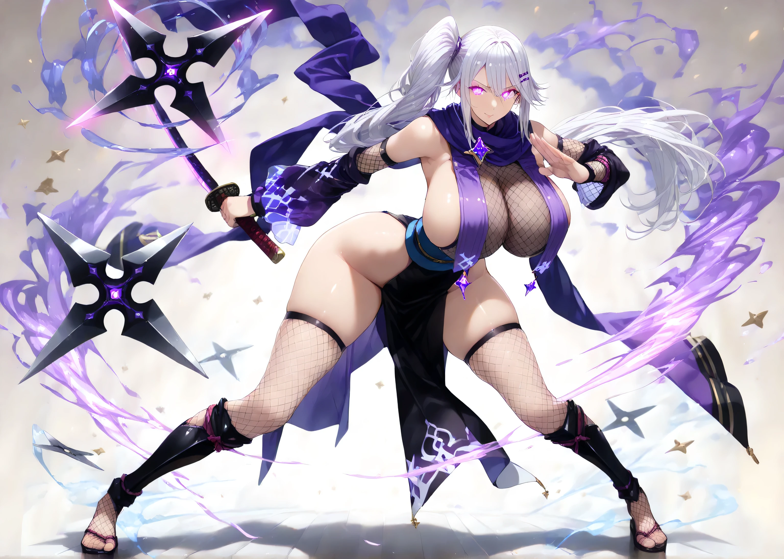 Masterpiece, best quality, the beauty of a goddess, empress, (((glowing amethyst eyes, glowing eyes))), ((short side ponytail)), white hair, ((shuriken-shaped hairclip)), 1 sexy woman, (((Exceptional sexy kunoichi))), fighting stance, wide stance, simple gradient background, (huge breasts), calm expression, ultra-detailed face, ((fishnet detached sleeves)), ((fishnet stockings)), blue obi, firm skin, (((fishnet-covered breast))), (wear purple-colored breast curtains), scarf, holding katana and shuriken, standing, wind aura swirling around her, glowing womb tattoo, (((wide hips))), (((slim waist))), legs spread, (full body), slightly bends forward, shin guards, fabric sways