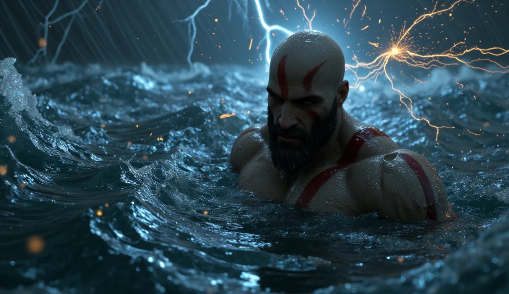 Fierce warrior emerging from water, glowing red eyes, orange flaming hair and beard, metallic silver skin, armored shoulders, splashing water, ice crystals, dynamic action pose, ultra-detailed CGI, cinematic lighting, movie scene, God of War inspired character --ar 16:9 --q 2