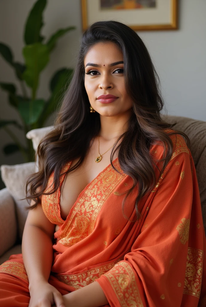 A curvy srilankan  thirty-nine year old women  wearing a jeans and low neck top