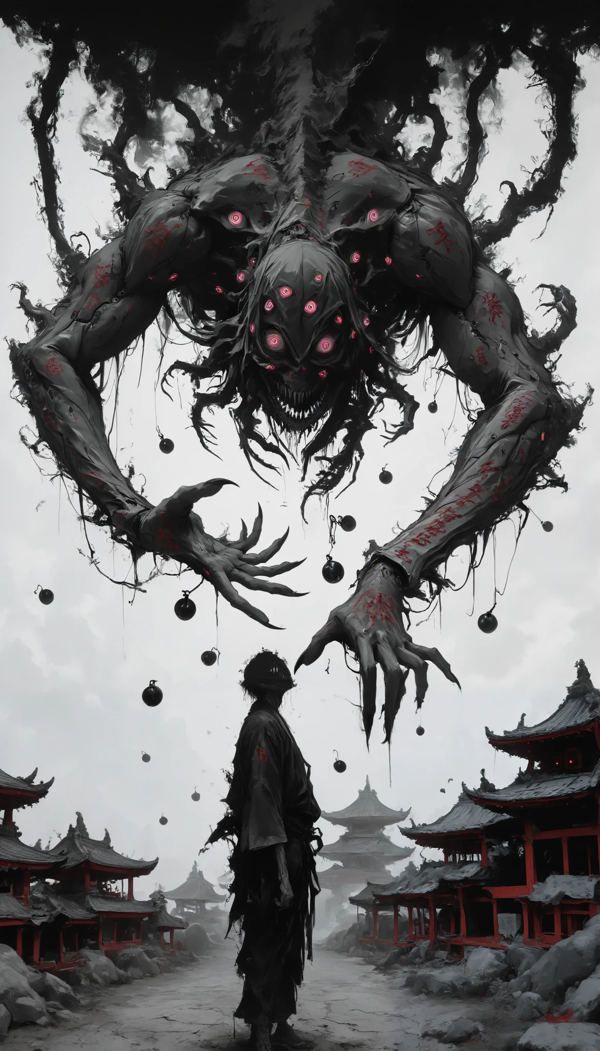 (masterpiece, best quality), best score , amazing quality, very aesthetic, highres, newer, 8K, HIGH CONTRAST, a boy,( beautiful:1.1),biological cyborg,Hand drawing style, muscle,Samurai Temple ,samurai armada,on guard,hand art,bola de energia,( scary eyes :1.5)