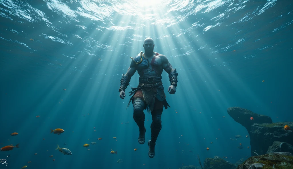 ((masterpiece)), ((best quality)), 8k, high detailed, ultra-detailed, A diver descends into the depths of an ancient underwater city, encountering giant statues and enigmatic symbols on intricate stone walls, ((diver)), (giant statues), (enigmatic symbols), (intricate stone walls), (submerged ruins), (ancient artifacts), (underwater light beams), (swirling sea currents), (marine life observing the scene)