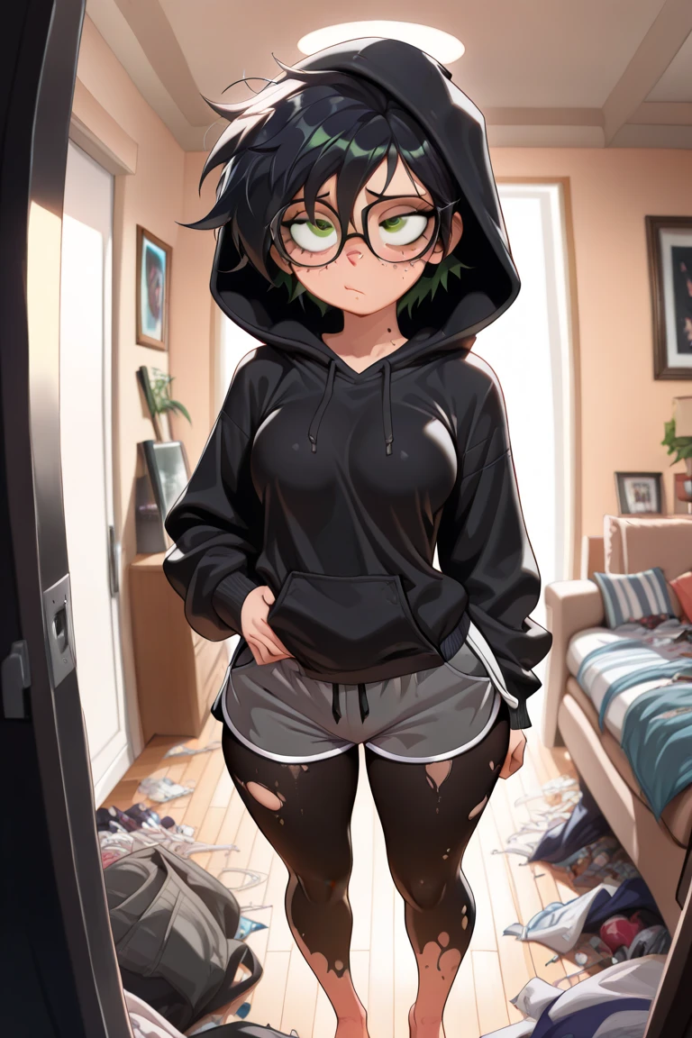 Dark skin femboy. Green hair. Black hoodie. Black tight booty shorts. Green eyes. Curvy waist down. Thick thighs. Big butt. Black high thigh socks. Cute face. Short. Nervous face. Wide hips. Boner in pants.
