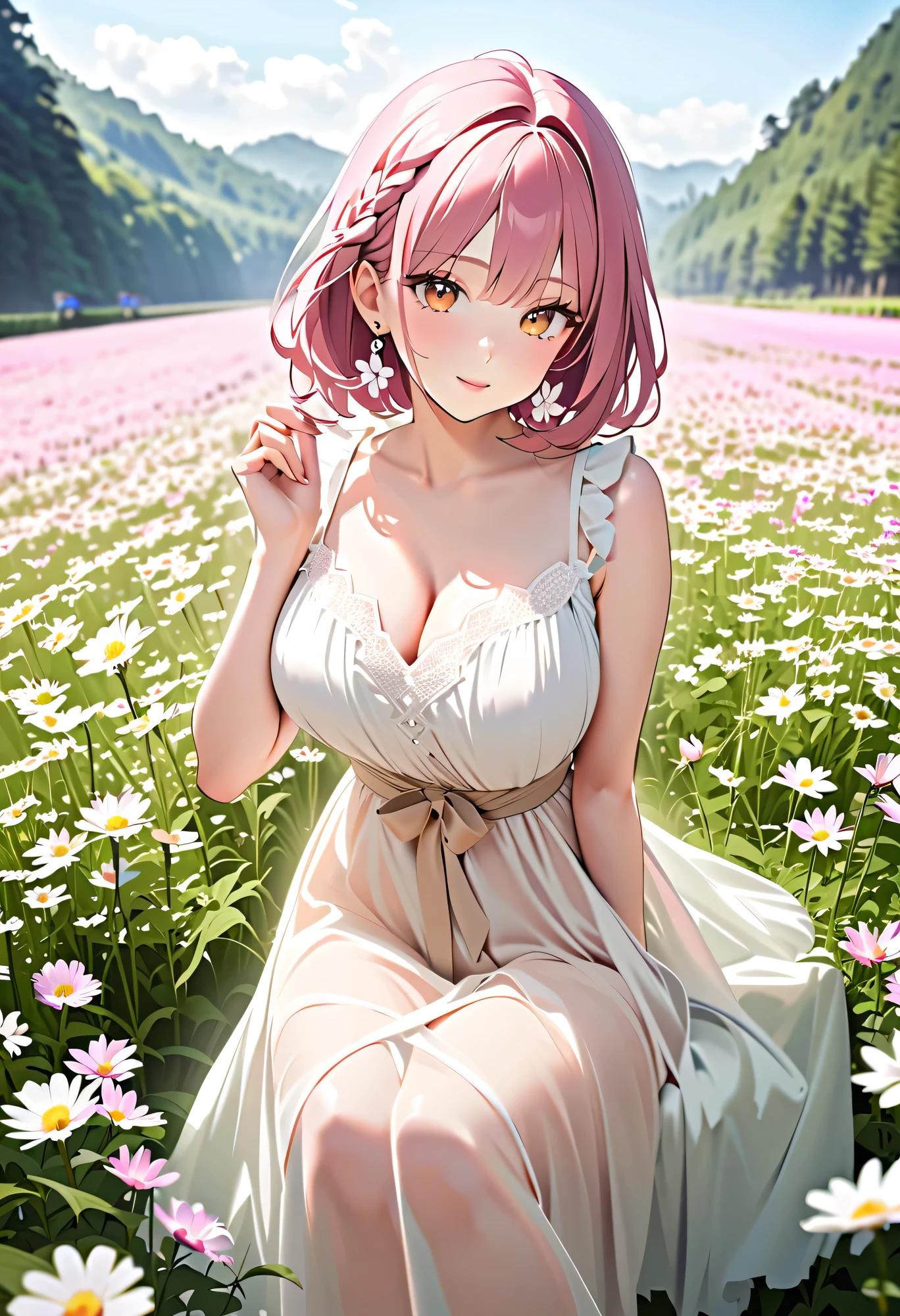 Highest quality、High resolution、Detailed Background、Beautiful face in every detail、Detailed eyes、Teenage beauty、Highly detailed face、Huge breasts、Perfect body line、Light color hair、Braided bob cut、Braided Ponytail、cute髪型、cute仕草、Natural beauty、Fun atmosphere、
A girl and her friend are running hand in hand through a vast lavender field.、
Purple Flower々Surrounded by them, the two of them are smiling happily.、
They have fun collecting lavender flowers to make flower crowns and bouquets to give to their families.、
The two of us are exploring the lavender swaying in the gentle breeze.、
They take photos of each other while enjoying the scent of flowers.、
The girls were engrossed in playing in the fairy-tale-like lavender fields.、I can tell that they are really enjoying themselves.、
A bright scene that captures the joy of playing to your heart's content in nature and spending time with friends.、cute