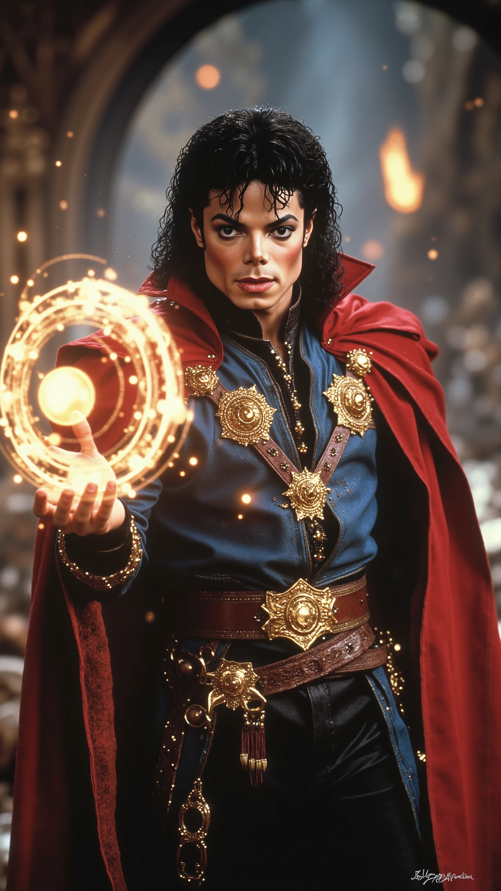 Michael Jackson as Doctor Strange, standing in a mystical battle scene, casting a spell with glowing magical circles, wearing the Cloak of Levitation, 80s VHS aesthetics, slightly distorted analog video, scanlines, soft glow, chromatic aberration, warm lighting, retro color grading, subtle film grain, low-resolution texture, timestamp in the corner, looks like an old DVD screengrab from an 80s fantasy movie