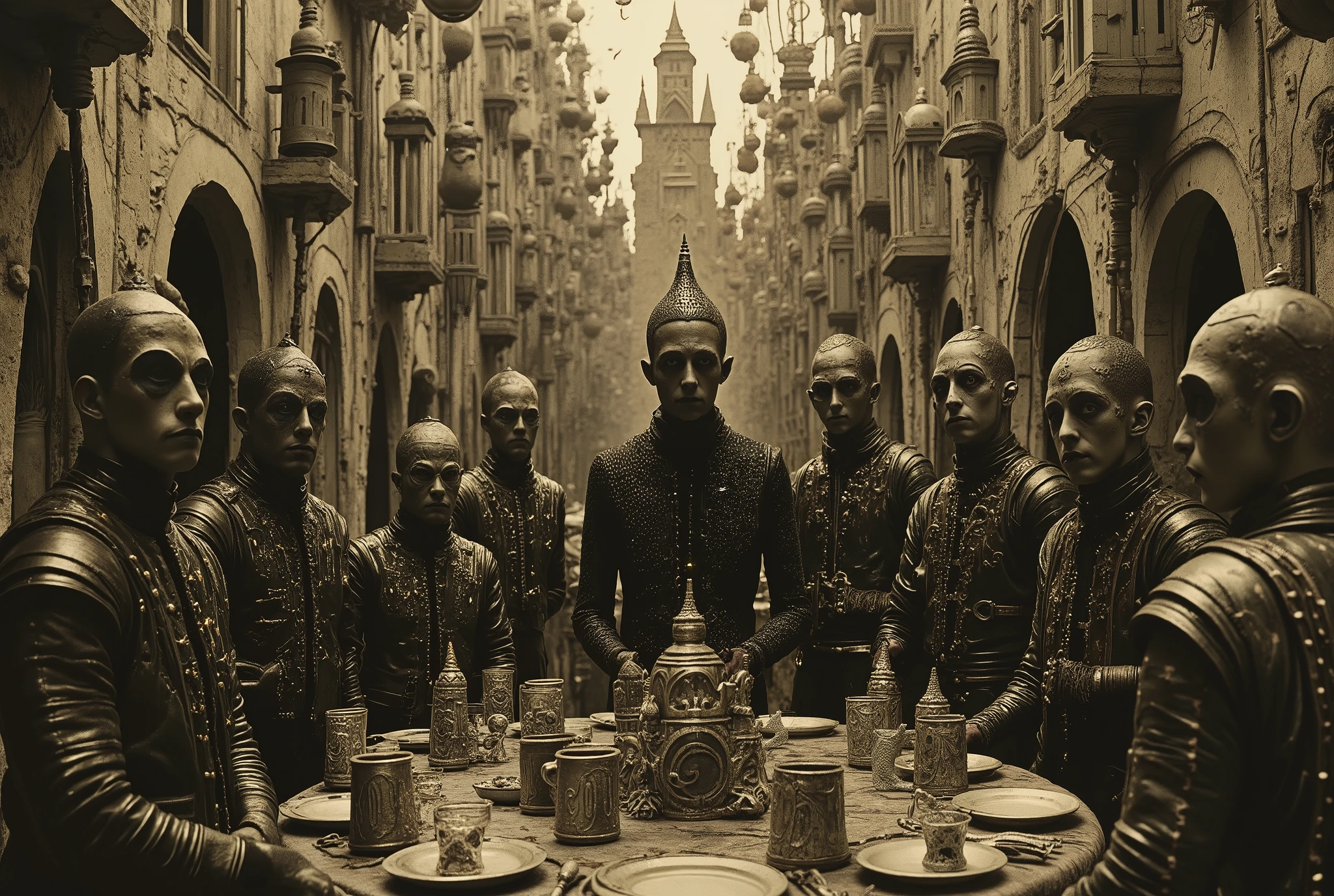 A vile group of male bandits and slavers is standing in a medieval beergarden of an Eldritch Germanic pub. The bandits' leader is a large, middle-aged ebony-skinned male Nigerian with a cruel smile. Perverts, junkies, rapists, scum criminals of a grimdark fantasy world. They wear a mix of leather and chain armor, with dirty hands clutching dented pewter beer tankards. Inspired by H.R. Giger and frank franzzeta and Luis Royo, Eldritch germanic megastructure in the background, RAW, horror, elements of perversion and body horror Slaanesh and Nurgle Chiaroscuro, cinematic lighting, Fujicolor, U high definition , Retina, body masterpiece, Precise, Anatomically Correct , textured leather, super detail , tall details, high quality, awarded , best quality skirt , highres, 1080P, high definition , 16K