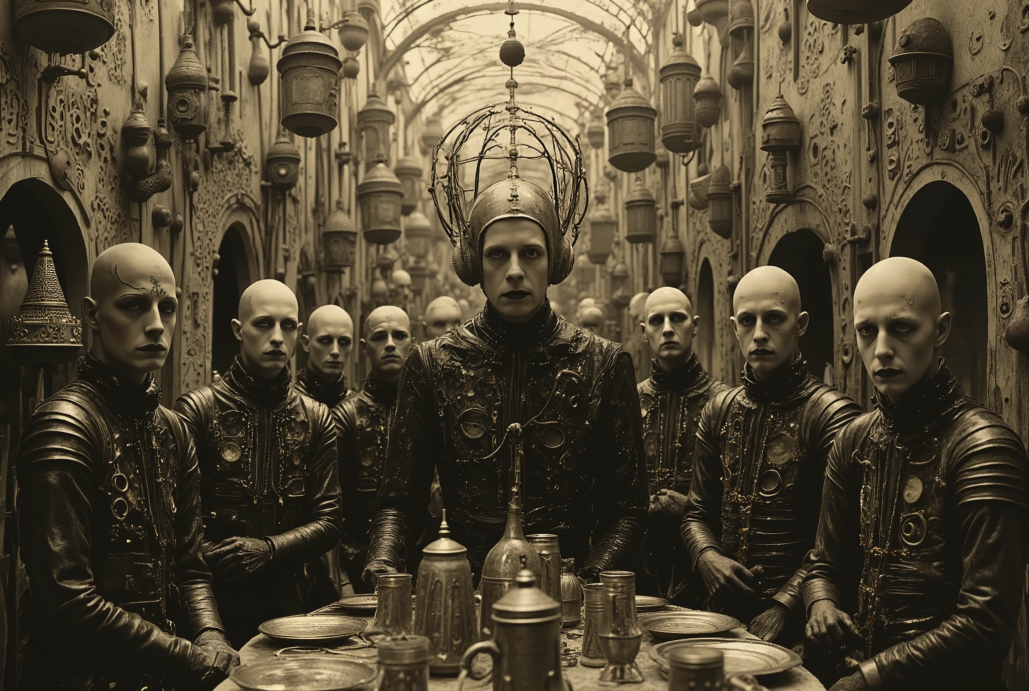 A vile group of male bandits and slavers is standing in a medieval beergarden of an Eldritch Germanic pub. The bandits' leader is a large, middle-aged ebony-skinned male Nigerian with a cruel smile. Perverts, junkies, rapists, scum criminals of a grimdark fantasy world. They wear a mix of leather and chain armor, with dirty hands clutching dented pewter beer tankards. Inspired by H.R. Giger and frank franzzeta and Luis Royo, Eldritch germanic megastructure in the background, RAW, horror, elements of perversion and body horror Slaanesh and Nurgle Chiaroscuro, cinematic lighting, Fujicolor, U high definition , Retina, body masterpiece, Precise, Anatomically Correct , textured leather, super detail , tall details, high quality, awarded , best quality skirt , highres, 1080P, high definition , 16K
