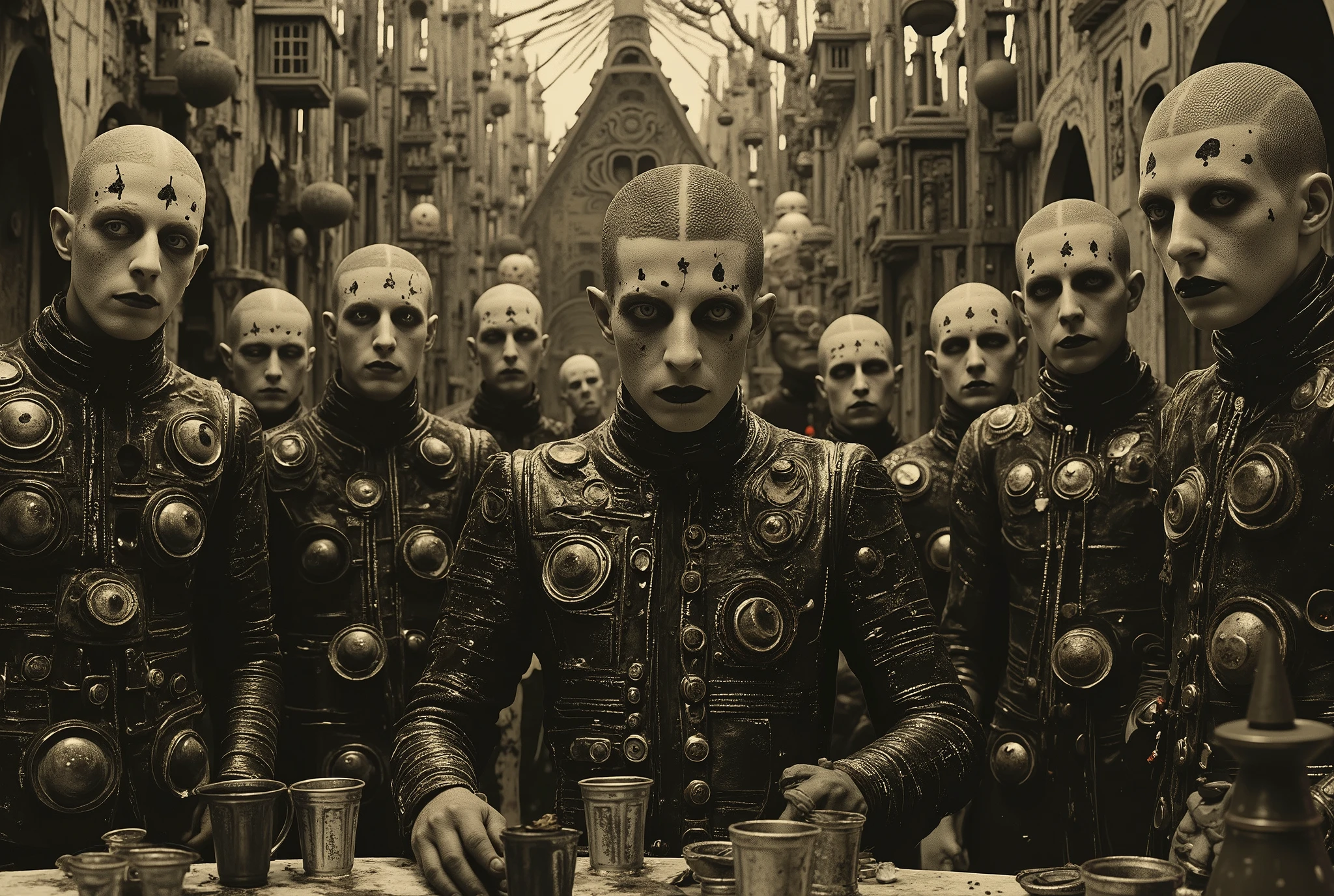 A vile group of male bandits and slavers is standing in a medieval beergarden of an Eldritch Germanic pub. The bandits' leader is a large, middle-aged ebony-skinned male Nigerian with a cruel smile. Perverts, junkies, rapists, scum criminals of a grimdark fantasy world. They wear a mix of leather and chain armor, with dirty hands clutching dented pewter beer tankards. Inspired by H.R. Giger and frank franzzeta and Luis Royo, Eldritch germanic megastructure in the background, RAW, horror, elements of perversion and body horror Slaanesh and Nurgle Chiaroscuro, cinematic lighting, Fujicolor, U high definition , Retina, body masterpiece, Precise, Anatomically Correct , textured leather, super detail , tall details, high quality, awarded , best quality skirt , highres, 1080P, high definition , 16K