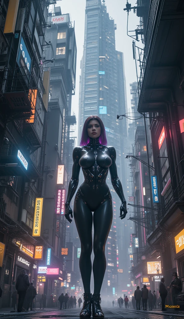 beautiful long-haired woman, extremely detailed breasts, body-hugging GANTZ suit, erect nipples, Osaka city streets, neon lights, (best quality,4k,8k,highres,masterpiece:1.2),ultra-detailed,(realistic,photorealistic,photo-realistic:1.37),beautiful detailed eyes,beautiful detailed lips,extremely detailed eyes and face,longeyelashes,intricate details,cinematic lighting,vibrant neon colors,futuristic atmosphere,dystopian cyberpunk,dramatic shadows and highlights