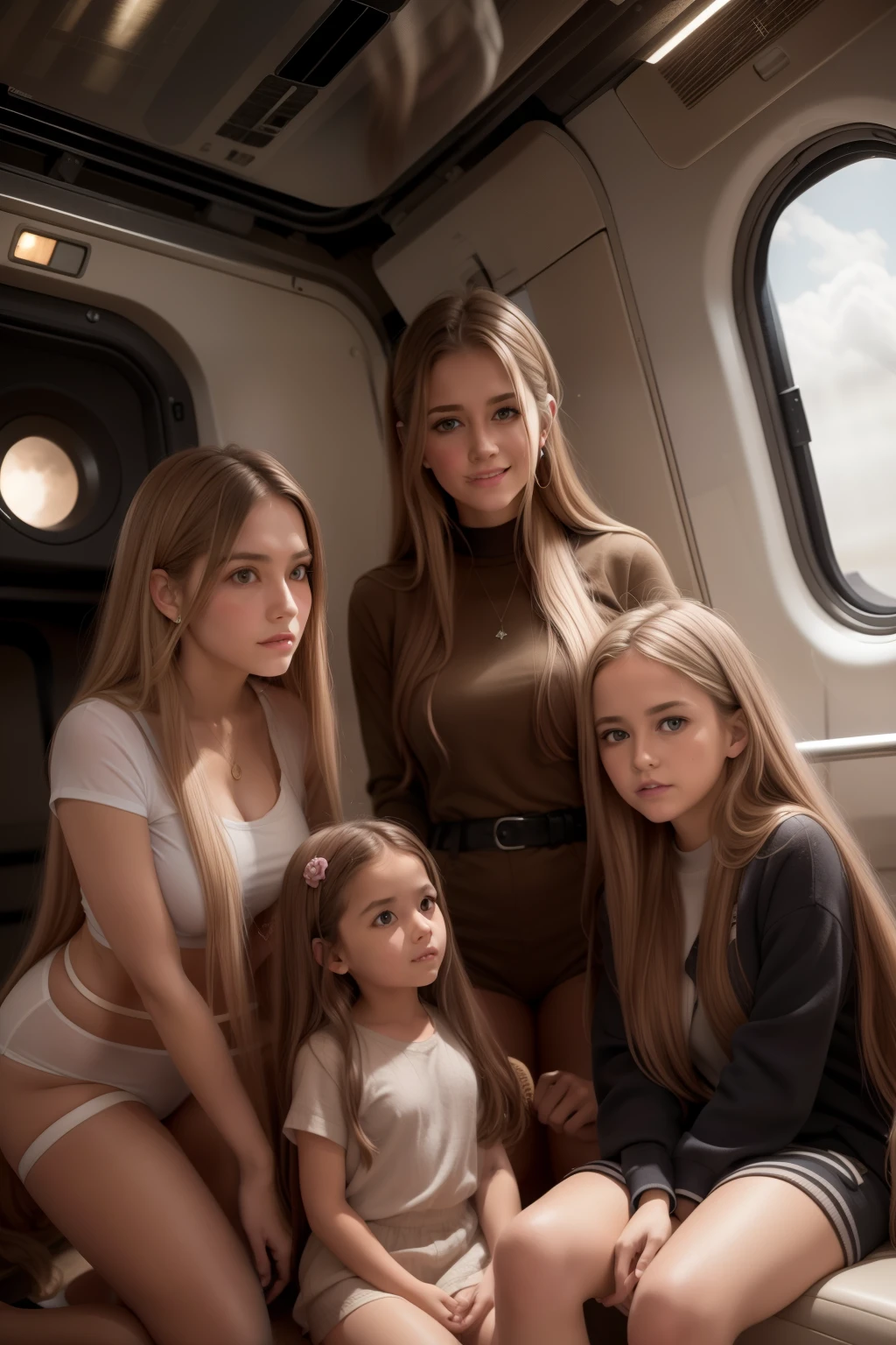 a mother with her daughters in a space station, a girl with long blond hair, a  girl with long brown hair. Mom with long hair and dark green eyes