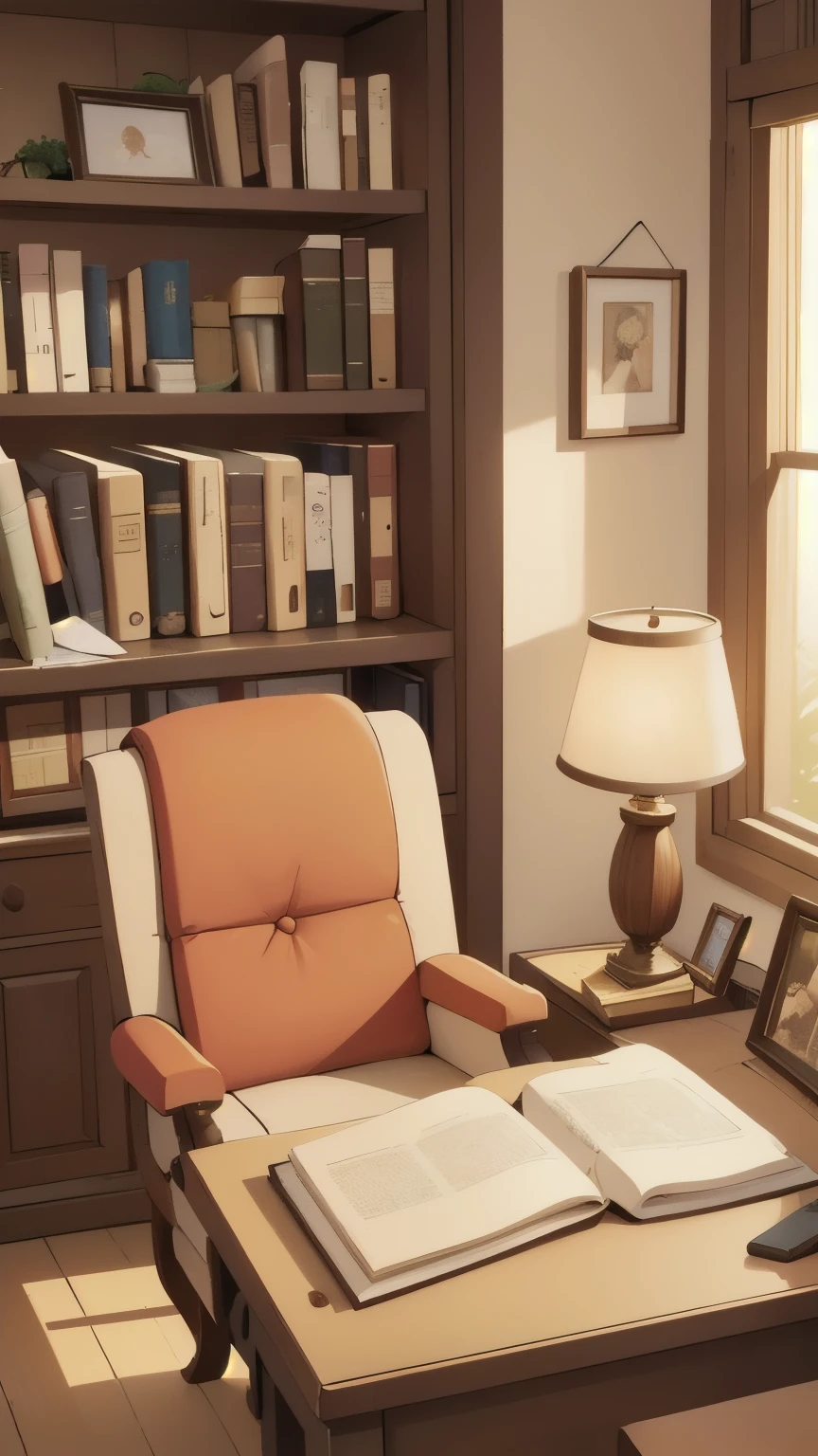 A warm glow permeates the cozy study, golden light spilling from the corners of the richly upholstered armchair and the ornate wooden desk, as if the very walls are radiating a sense of comfort and tranquility.