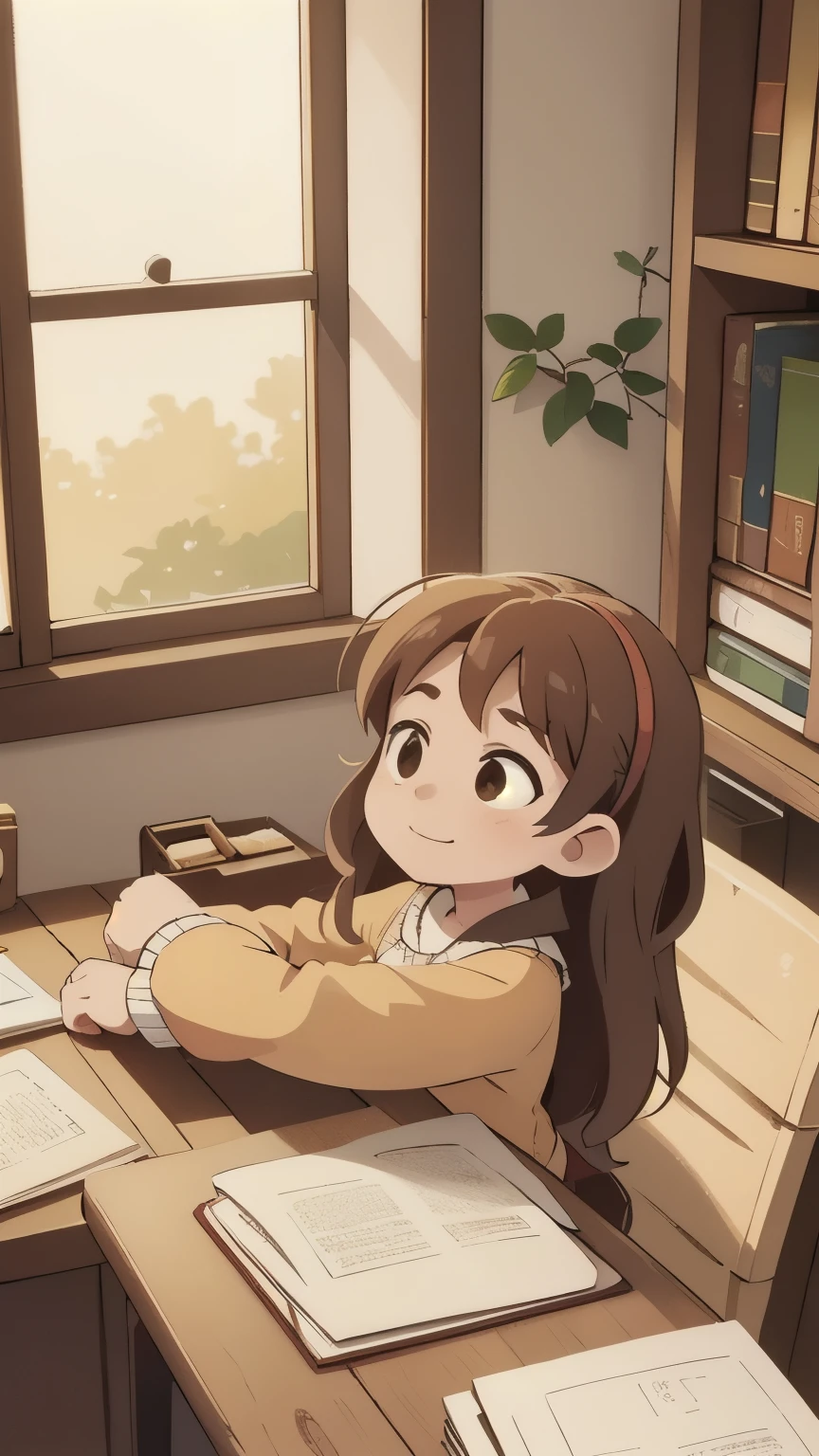 A warm glow permeates the cozy study, golden light spilling from the corners of the richly upholstered armchair and the ornate wooden desk, as if the very walls are radiating a sense of comfort and tranquility.