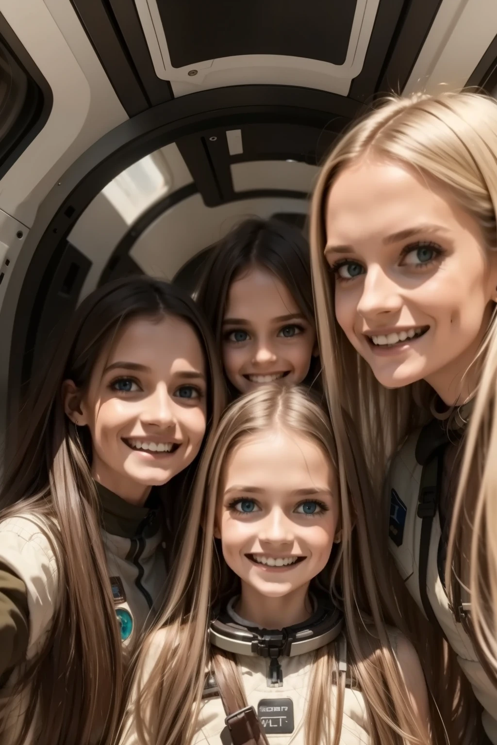 a mother with her daughters in a space station, a girl with long blond hair, a girl with long brown hair. Mom with long hair and dark green eyes