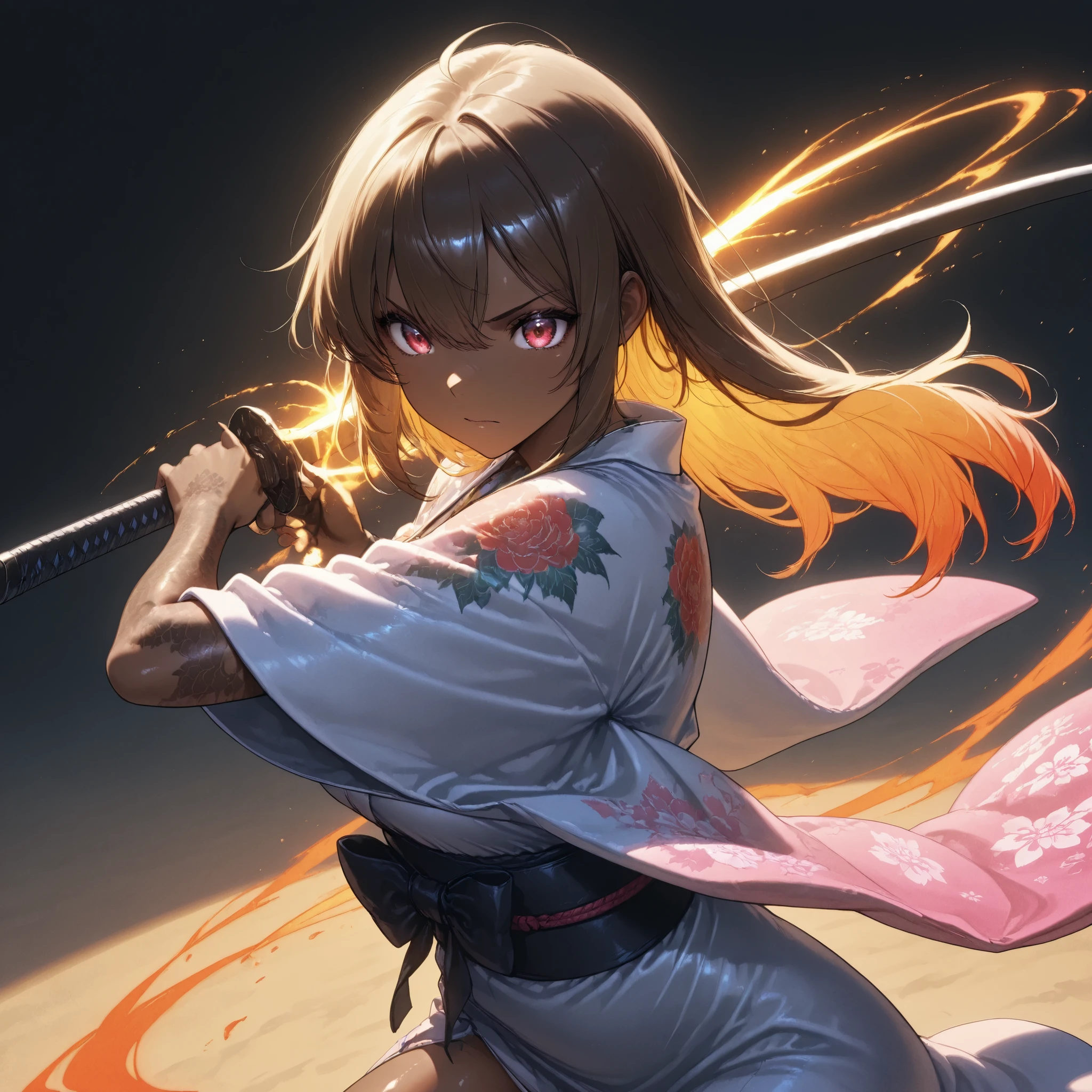 masterpiece, top quality, Textured Brown Skin,One Beautiful Swordsman、Japanese kimono、Holding a Japanese Sword、Sword Master's Stance 、 colorful tattoo、 rising from the horizon 、Cinematic Light Effects, Shiny hair