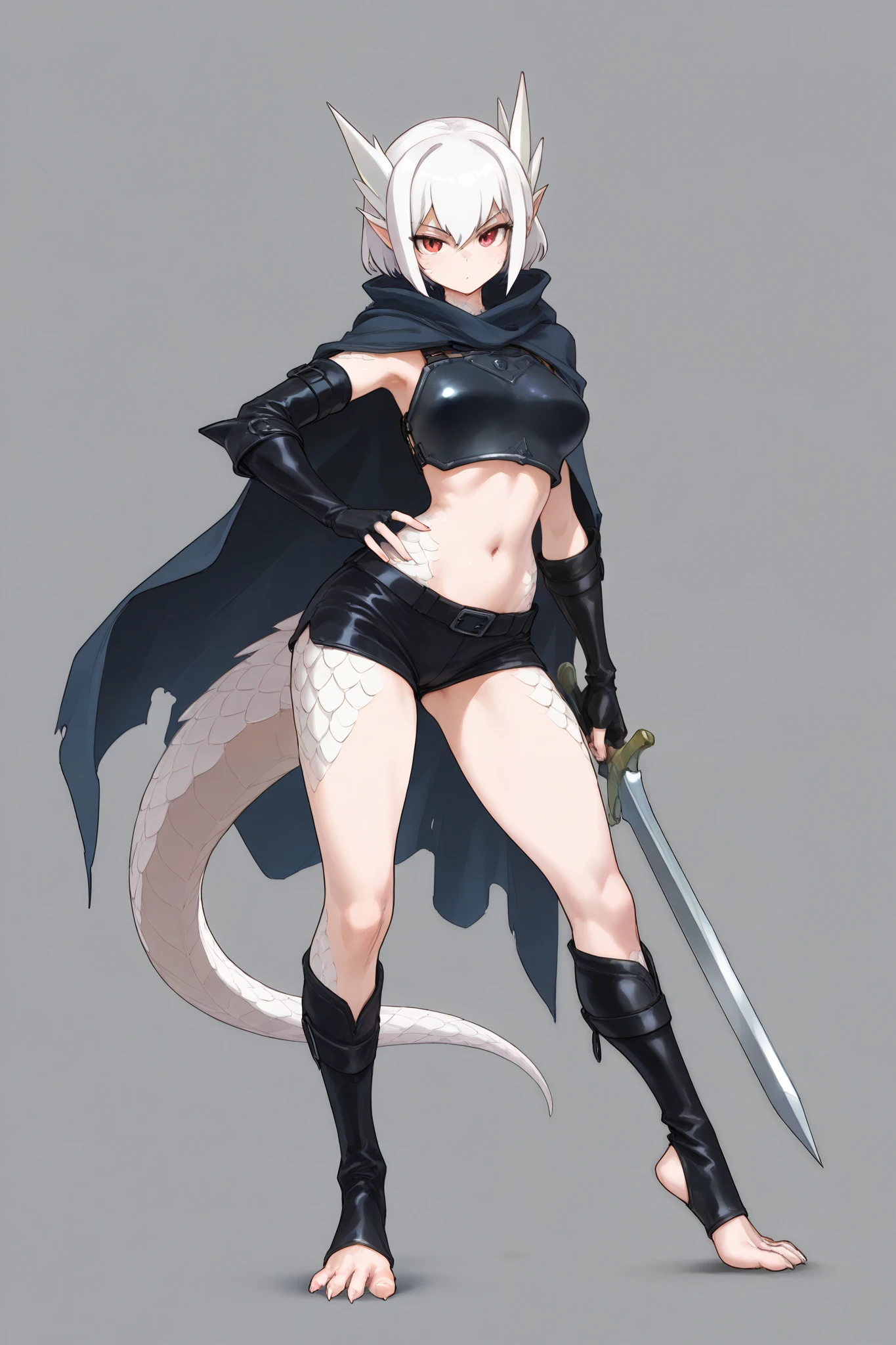 Kobold, female, long, pointed scales, sexy, leather and steel adventurer set, a long falchion at waist, normal breasts, cyan kobold, steel breastplate, leather elbow gloves, leather mini shorts, high leg shorts, cloak, fingerless gloves, long leather leg wear, bare feet, sexy cool pose, open tummy, long legs, cyan tan, looking at wiever, leg wear, cyan scales, thicc legs, longsword, detailed, masterpiece, hd