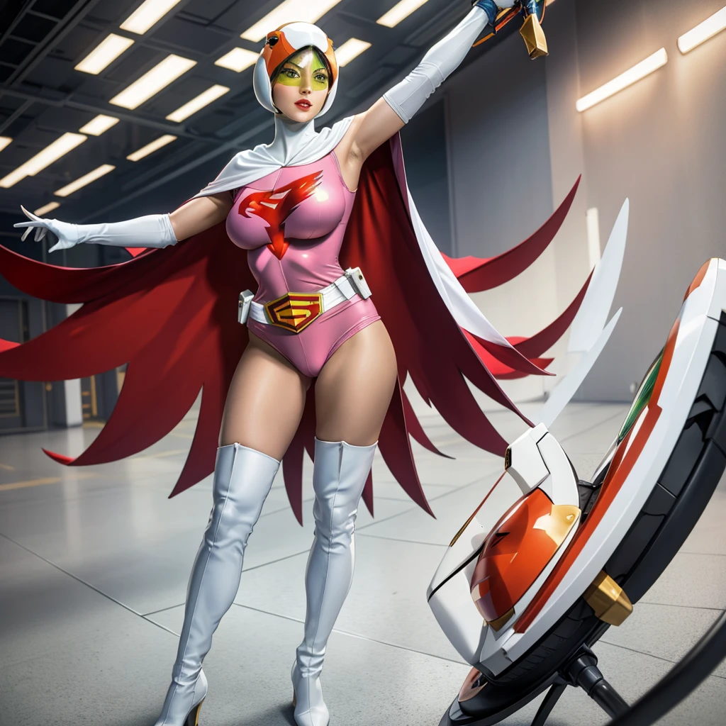 ANI_CLASSIC_jun_gatchaman_ownwaifu,1girl, 15yo,good anatomy, masterpiece, best quality,realistic, hyperrealistic, 16k hdr, long hair,breasts,green eyes,lips,large breasts,lipstick,makeup,gloves,cape,helmet,belt,elbow gloves,white gloves,mask,ultra miniskirt,leotard,spacesuit,white tight overknee highheels boots,pink dress,superhero,bodysuit,cleavage,erected nipples,(sexy pose,from below:1.2),(spread legs:1.1),cameltoe