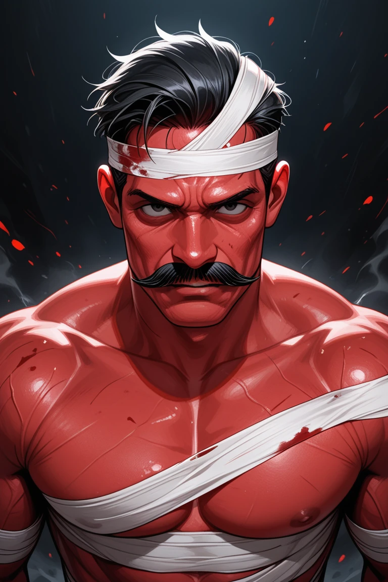 Muscular macho, wrestling mask, bloody devil mask, champion theme. Powerful body, sweating body. Heatwaves