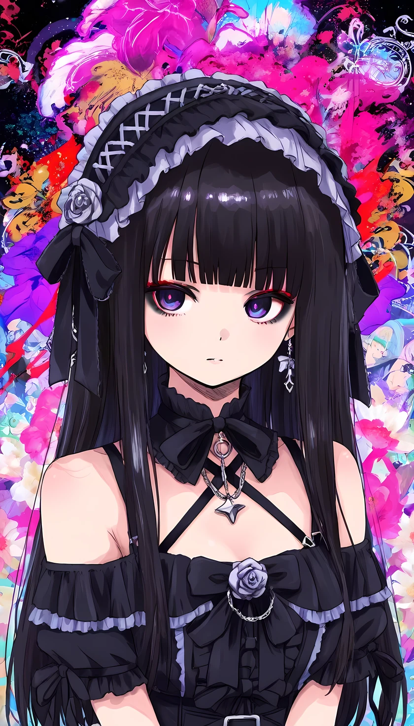 Punk rock star 、Arrange a gothic ta style dress、 black hair、dark eyeliner、long hair、straight hair、psychedelic