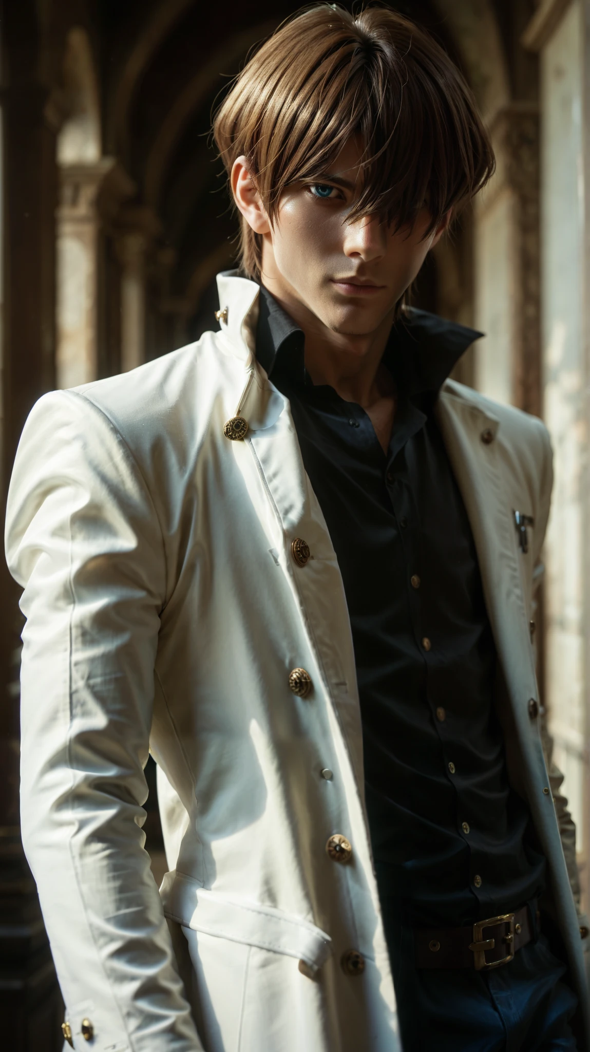 score_9, score_8_up, score_7_up, score_6_up, detailed, intricate details,best quality, cowboy shot, seto kaiba, blue eyes, brown hair, white coat, black collared shirt, long sleeves, 1boy, male focus, solo, looking at viewer, HAIR OVER ONE EYE