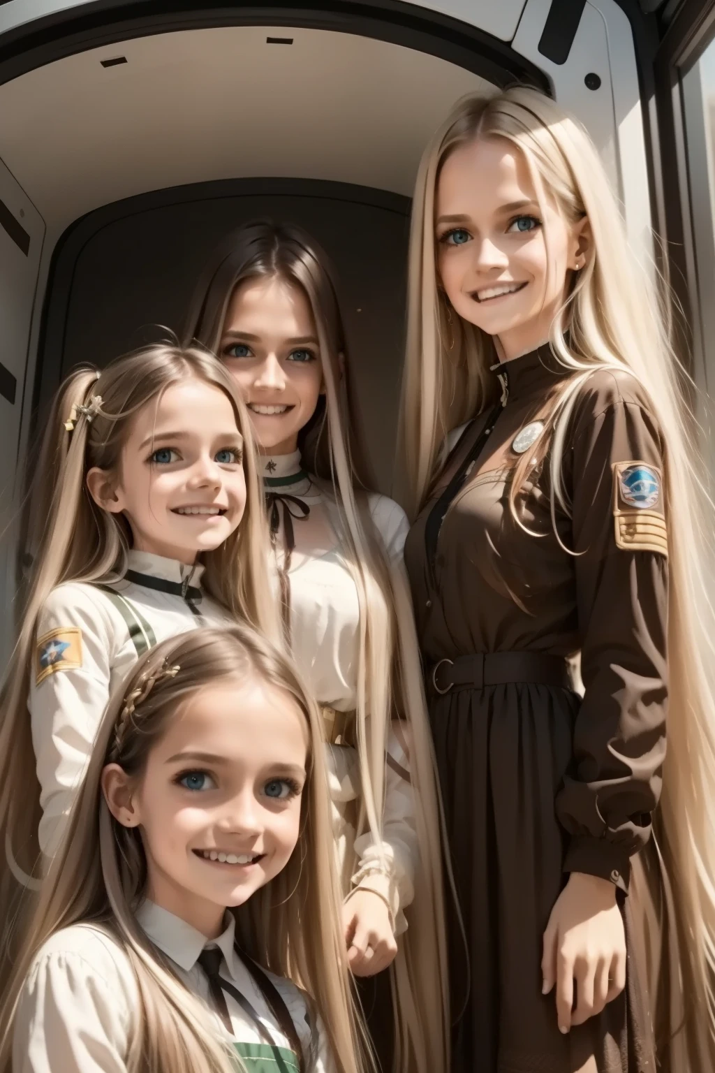 a mother with her daughters in a space station, a girl with long blond hair, a girl with long brown hair. Mom with long hair and dark green eyes