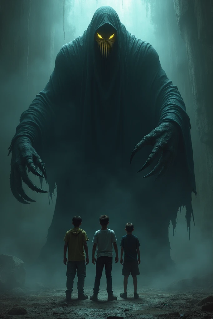 A terrifying shadowy figure with a distorted face, emerging from the darkness, eyes dripping with blood, and an inhuman grin. The figure is moving towards a group of scared young men standing in the middle of an abandoned hall. The atmosphere is filled with dread, and the air is thick with tension as the figure looms closer.