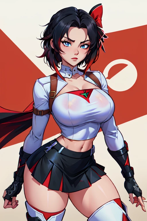 realistic, 1girl, Ruby Rose, RWBY, hero shot, detailed face, beautiful detailed eyes, beautiful detailed lips, extremely detailed face and eyes, long eyelashes, cinematic lighting, colorful, vibrant, dynamic pose, action scene, powerful, heroic, (best quality, 4k, 8k, highres, masterpiece:1.2), ultra-detailed, (realistic, photorealistic, photo-realistic:1.37), cinematic lighting, epic, dramatic