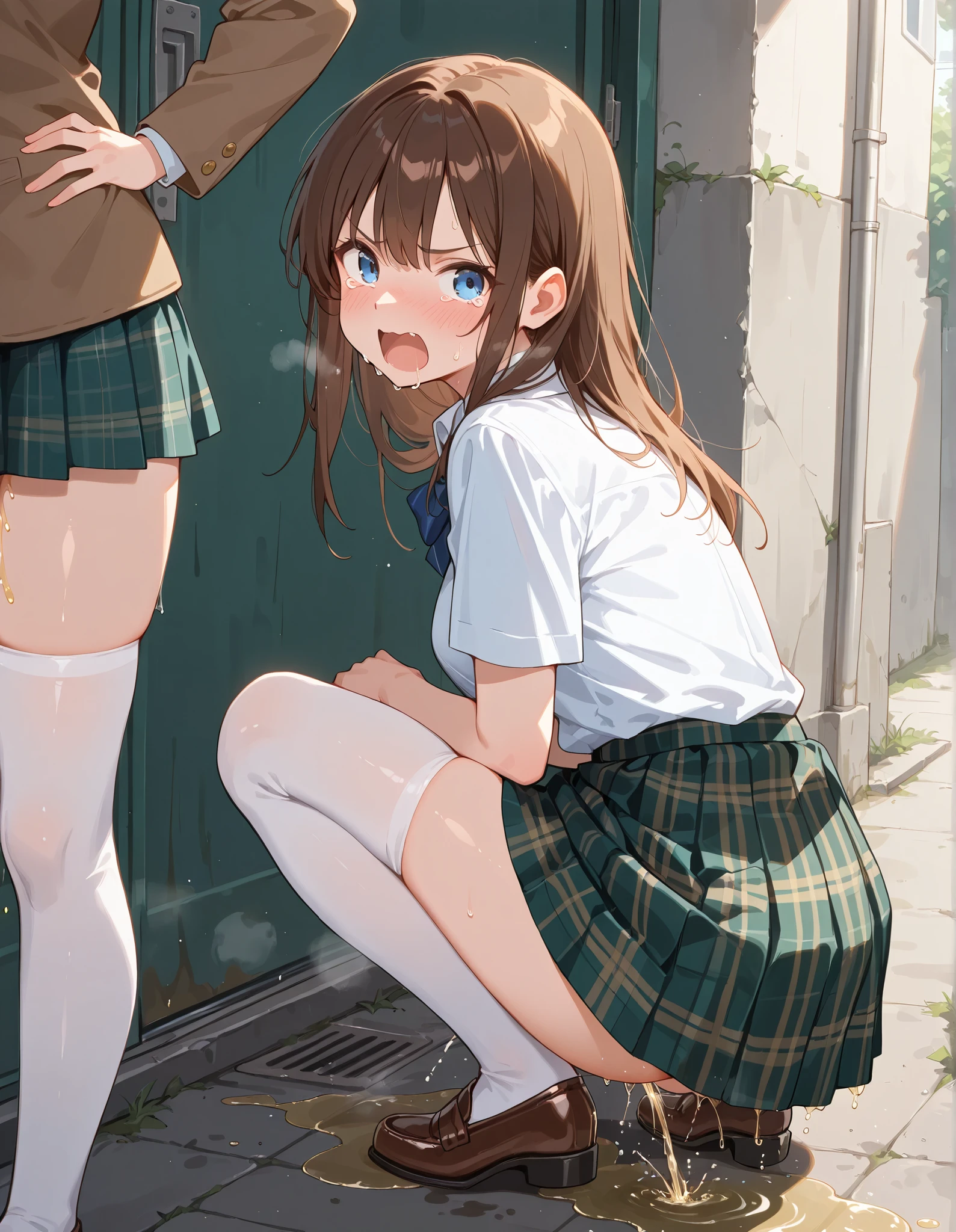 masterpiece, best quality, high resolution, 1girl, looking back, brown hair, blue eyes, squatting, wear white collared shirt, short sleeves, dark green plaid skirt, bowtie, white thighhighs, brown shoes, peeing self, peeing girl, pee stain, pee stream, dirty skirt, puddle of pee, blush, opened mouth, angry expression, mad, furious, crying, outdoor, peeing near school back door, peeing carelessly, 2 girl standing near her, bully, bullying, a leg kicking her, another girl kicking her