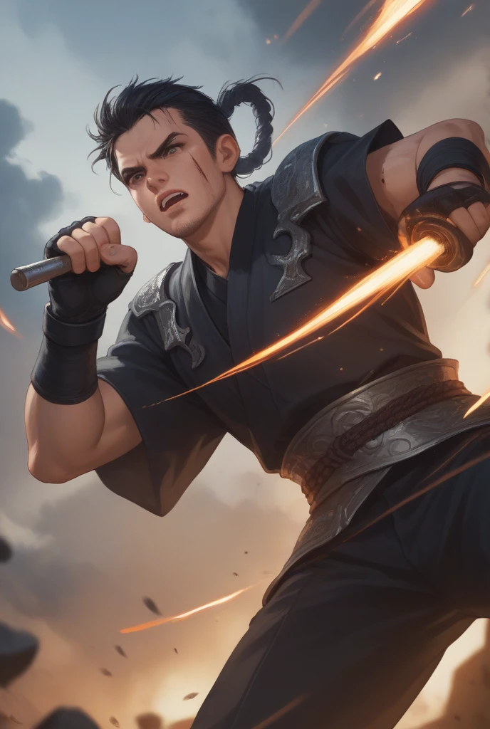 perfect hands, perfect finger,perfect anatomy, masterpiece, best quality,realistic, hyperrealistic, 16k hdr,1 muscular man,, uzui tengen,armband, bandages, over shoulder, red eyes, black pants, tabi, white hair, bare shoulders, armlet, sleeveless, facial mark, gloves, scar, fingerless gloves, belt, headband, ,flames around him, holding double great swords, Kimetsu No Yaiba, black demon uniform, running,smile