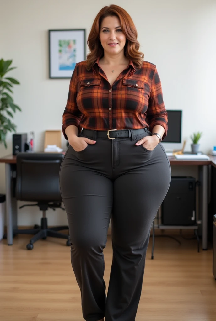 A happy/excited and detailed photo of a Beautiful ginger architect SSBBW, with long wavy ginger hair, with big soft fat belly, thicc fat arms, thicc wide legs, big breast, in long black pants, long black shirt tucked in her pants, black belt, in her new modern wooden-styled architect office holding a pen, architect office with a lot of building models and house blueprints, building blueprints on walls, huge window