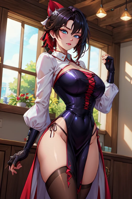 (1woman),(alone),**Lady Nagant**,(My Hero Academia),My Hero Academia,Kaina Tatsumi, Full body portrait from top to bottom:1.5),is a tall, slender woman with long, purple hair that falls to her waist. His eyes are sharp and purple in color, highlighting his determined expression. She wears a dark blue hero uniform with silver accents, including light armor that covers her chest and shoulders. His arms are partially cybernetic, displaying metallic components that indicate his special abilities. She wears high boots and gloves that complement her warrior look. His gaze is intense, reflecting both his strength and his complex past.(wearing),+,(\A maid uniform with The apron is made of sheer, almost translucent black lace, which barely hides the maid's curvaceous body underneath. The front falls scandalously low, exposing the fullness of her breasts and most of her cleavage. Thin straps hold the apron in place, digging into your shoulders and drawing attention to your toned arms. Her corset is a slinky red number with built-in push-up cups that enhance her already impressive bust size. The corset has a deep V-neckline that disappears into the apron, emphasizing her ample cleavage. Thong-style laces crisscross her back, drawing attention to her narrow waist and the tantalizing hint of her ass. Her miniskirt is made from the same sheer lace as her apron, ending at mid-thigh to give a full view of her toned legs and the red garter belt wrapped around them. The garter belt supports fishnet stockings that ride up mid-thigh, adding a touch of fetish to the overall look. On her feet, she wears stiletto heels with ankle straps, enhancing her seductive and leggy appearance. Her hair is styled in loose, tousled waves, framing her face and drawing attention to her full lips, painted a bold crimson red. To complete the look, she uses a white duster as a prop, using it to tease and caress her own body in suggestive ways. The overall effect is one of unabashed, unapologetic sexuality