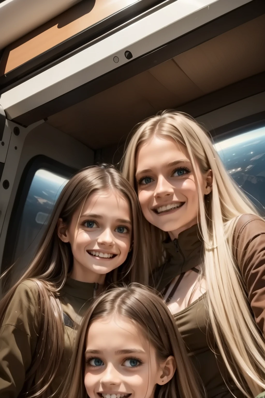 a mother with her daughters in a space station, a girl with long blond hair, a girl with long brown hair. Mom with long hair and dark green eyes