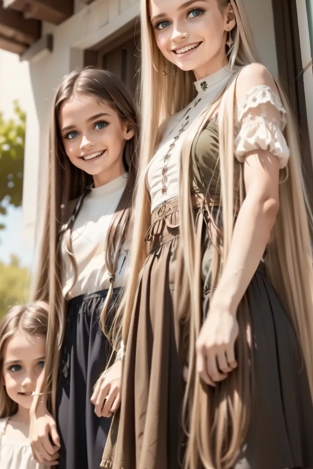 a mother with her daughters in a space station, a girl with long blond hair, a girl with long brown hair. Mom with long hair and dark green eyes