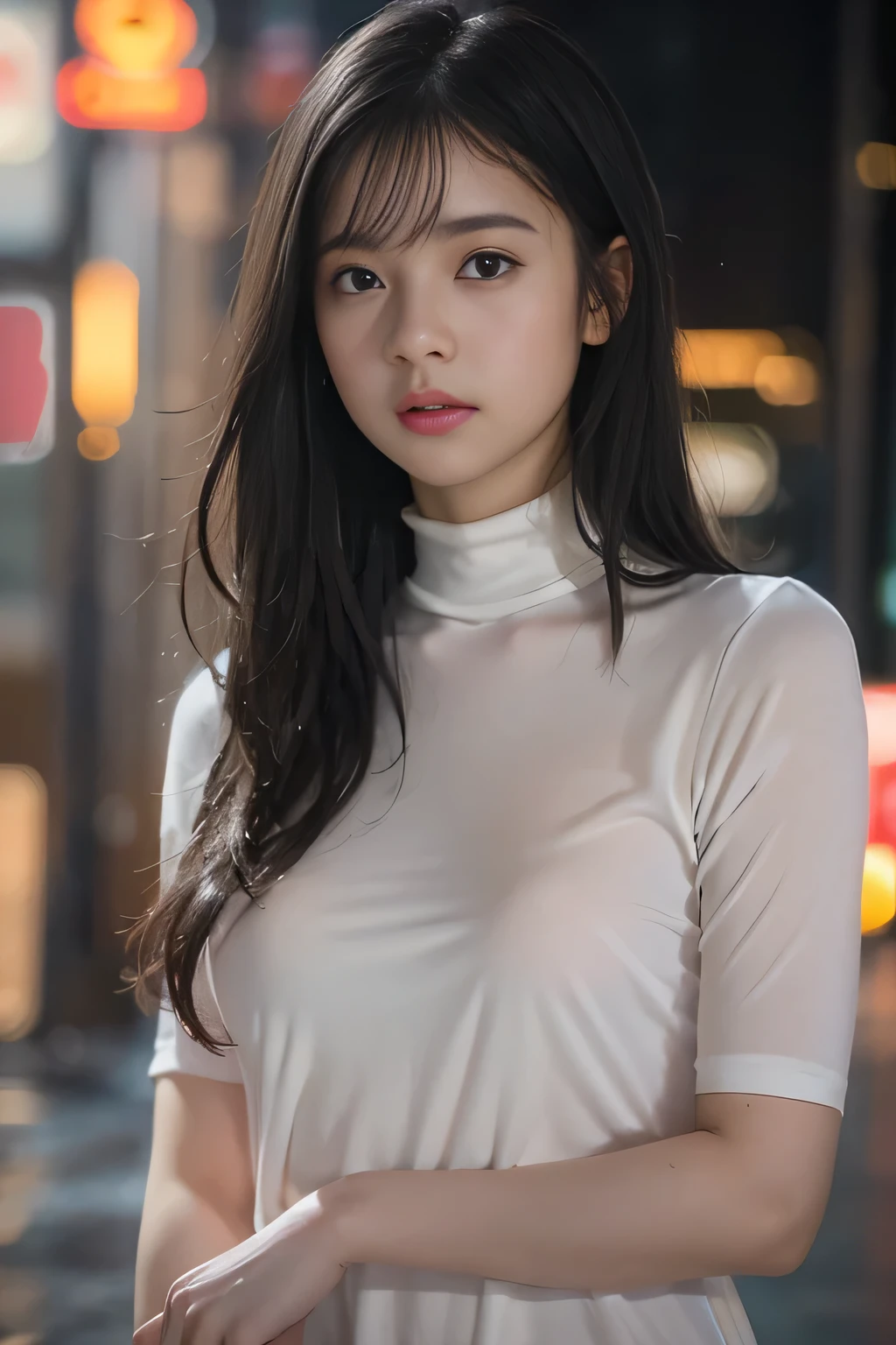 Random Pause, Mix 4,8K, RAW Photos, Highest quality, masterpiece: 1.45), (Realistic, photoRealistic: 1.37), one girl, cute, Cityscape, night, rain, wet, Professional Lighting, Photon Mapping, Radio City, Physically Based Rendering, Gradient black hair, Gray Hair, Short Curly Hair, good looking, girl, {{{Sheer tight short sleeve turtleneck:Pink:1.2):Good}}}, {Pale skin}, best quality photos, High resolution, 1080P, (Clear Face), (Detailed face description), (Detailed hand description), (masterpiece), (Exquisite CGI), Extreme light and shadow, Disheveled Hair, masterpiece, Rich details, (Beautiful Faces), (Highest quality photo ), (masterpiece), (Fine grain), Look in front of you, Thin clavicle, (small  Breasts:1.4),