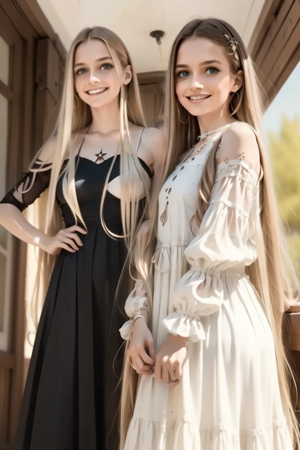 a mother with her daughters in a space station, a girl with long blond hair, a girl with long brown hair. Mom with long hair and dark green eyes