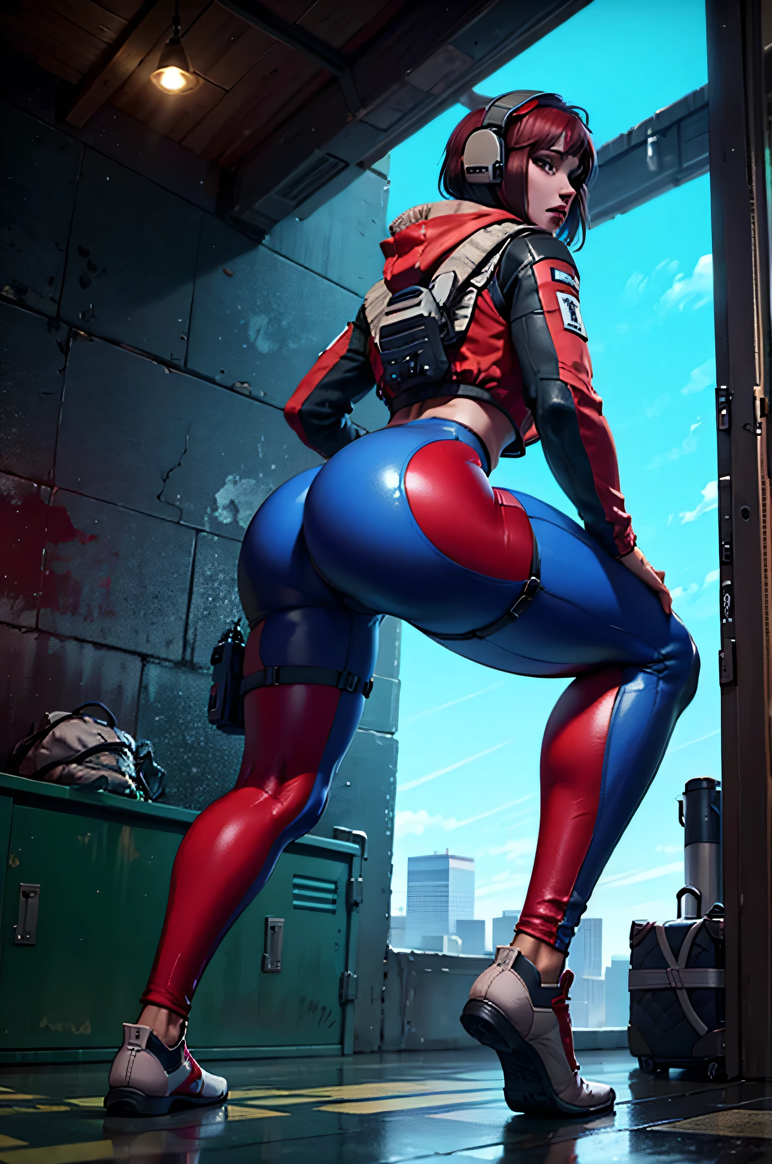 8K image has (Rainbow Six Siege), disguising, Alone, red hair, suitcase ظهر, shoes, has , glasses, glasses, red pants , looks at the viewer, jacket, hoodie blouse , suitcase, short hair , Headphones, blue eyes , red jacket, gloves, suitcase الخصر, hood down , thigh suitcase الخصر, wireless antenna, Military, Headphones, Red pants, ((full body)), piercing eyes, looks at the viewer, dynamic posture, (( thighs )), (big : 1.0), looking back, ( huge ass : 1.4), best quality, (Realistic: 1.2), looks at the viewer,. The film's grains, construction site scene, building site background, ruins, low angle , Dark scene , Edge Lighting , two-color lighting, dimly lit, Low-level HDR,
