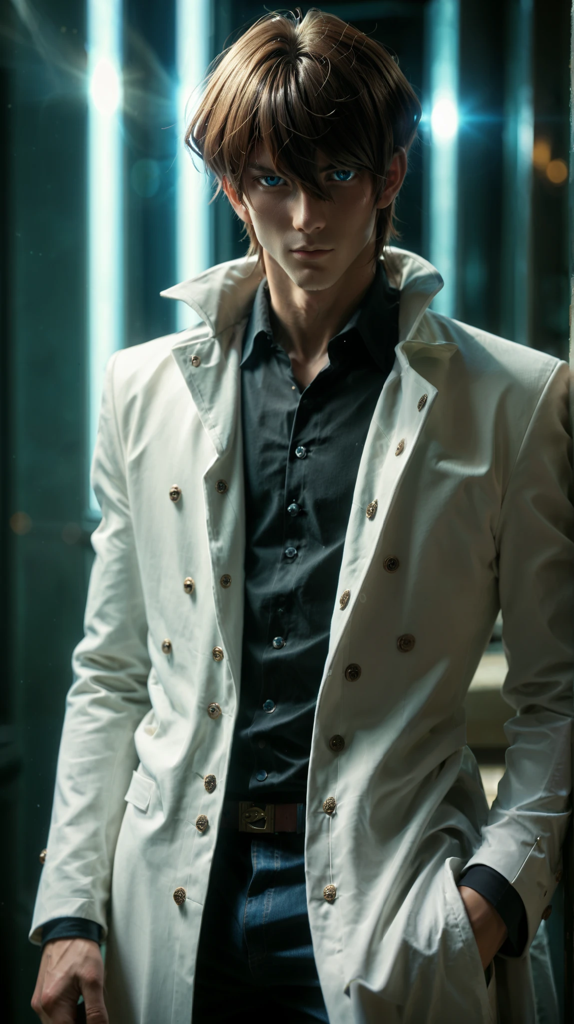 score_9, score_8_up, score_7_up, score_6_up, detailed, intricate details,best quality, cowboy shot, seto kaiba, blue bright eyes, brown hair, white coat, black collared shirt, long sleeves, 1boy, male focus, solo, looking at viewer, HAIR OVER ONE EYE