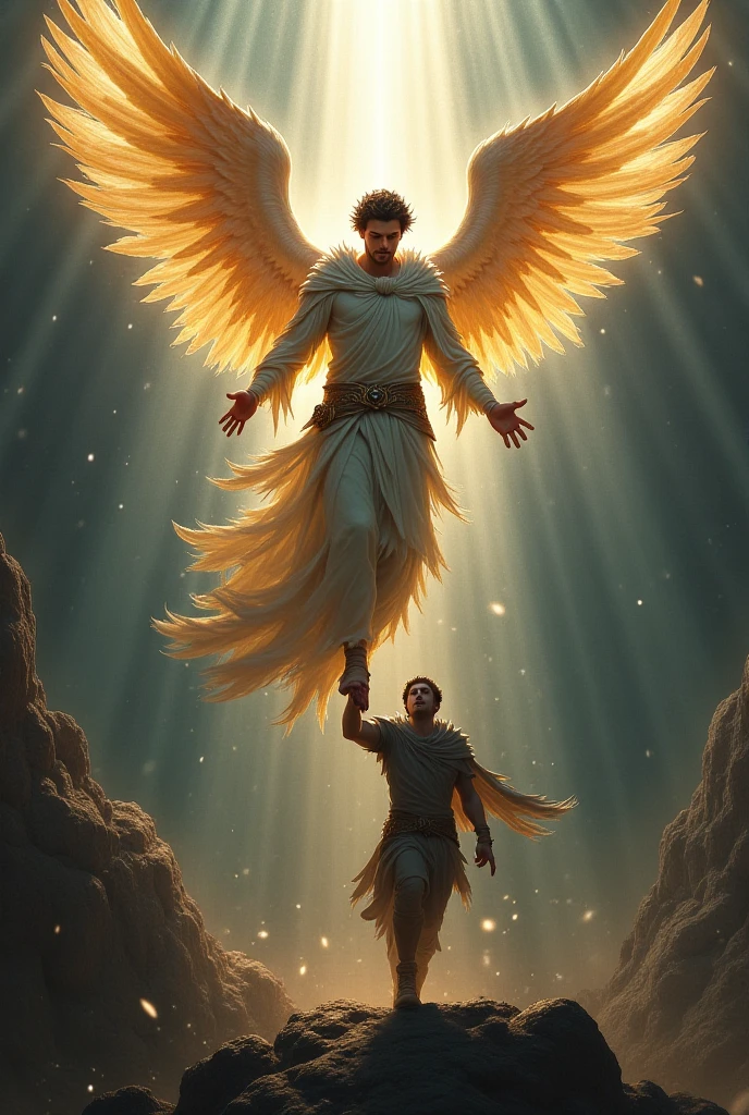 A man kneeling in front of an angel with a horn