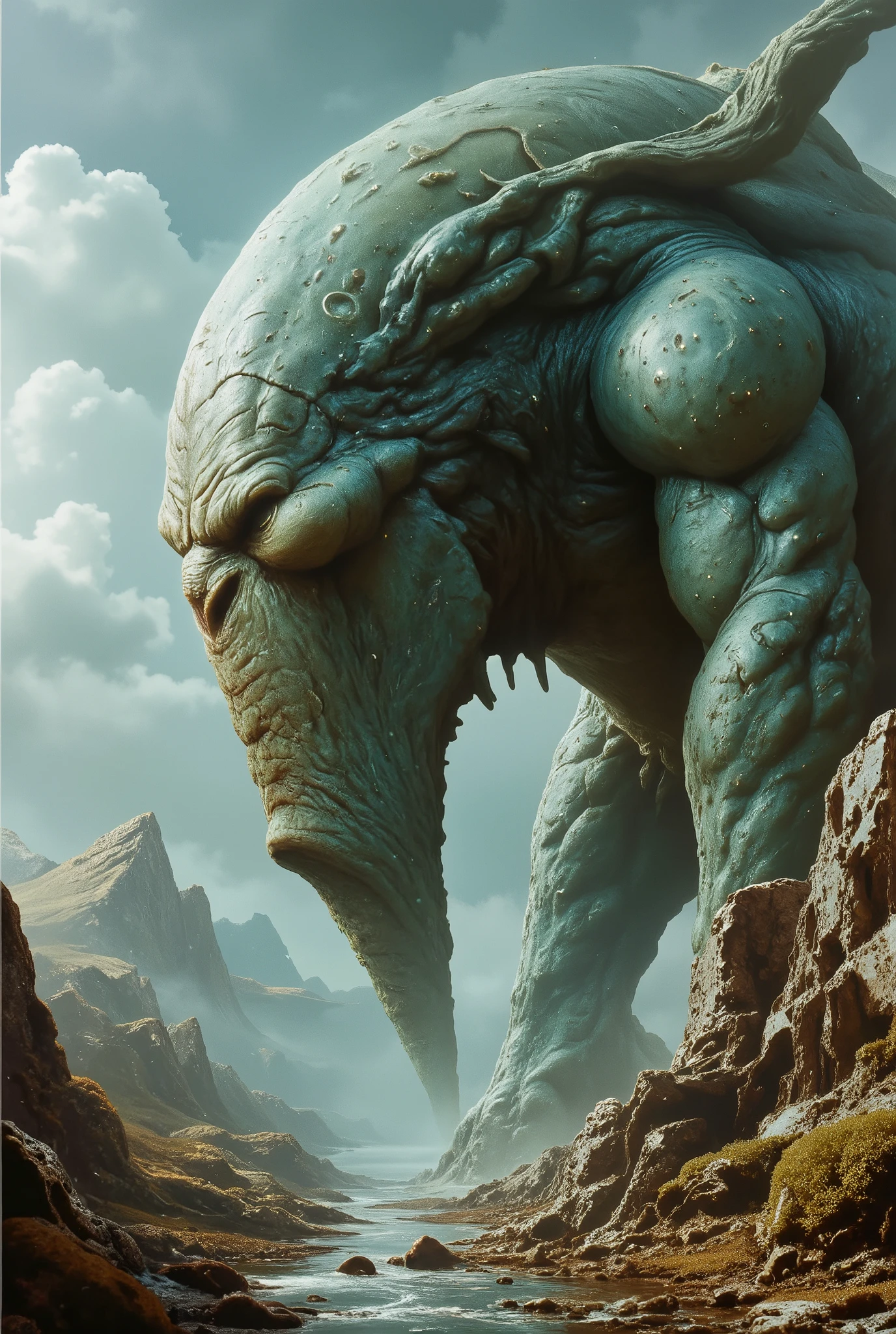 arafed image of a giant creature with a huge head and a huge body, concept art inspired by Andrew Ferez, Artstation contest winner, fantasy art, in style of peter mohrbacher, peter gric and dan mumford, style of peter mohrbacher, peter mohrbacher and dan mumford, style of jeff soto, peter mohrbacher''