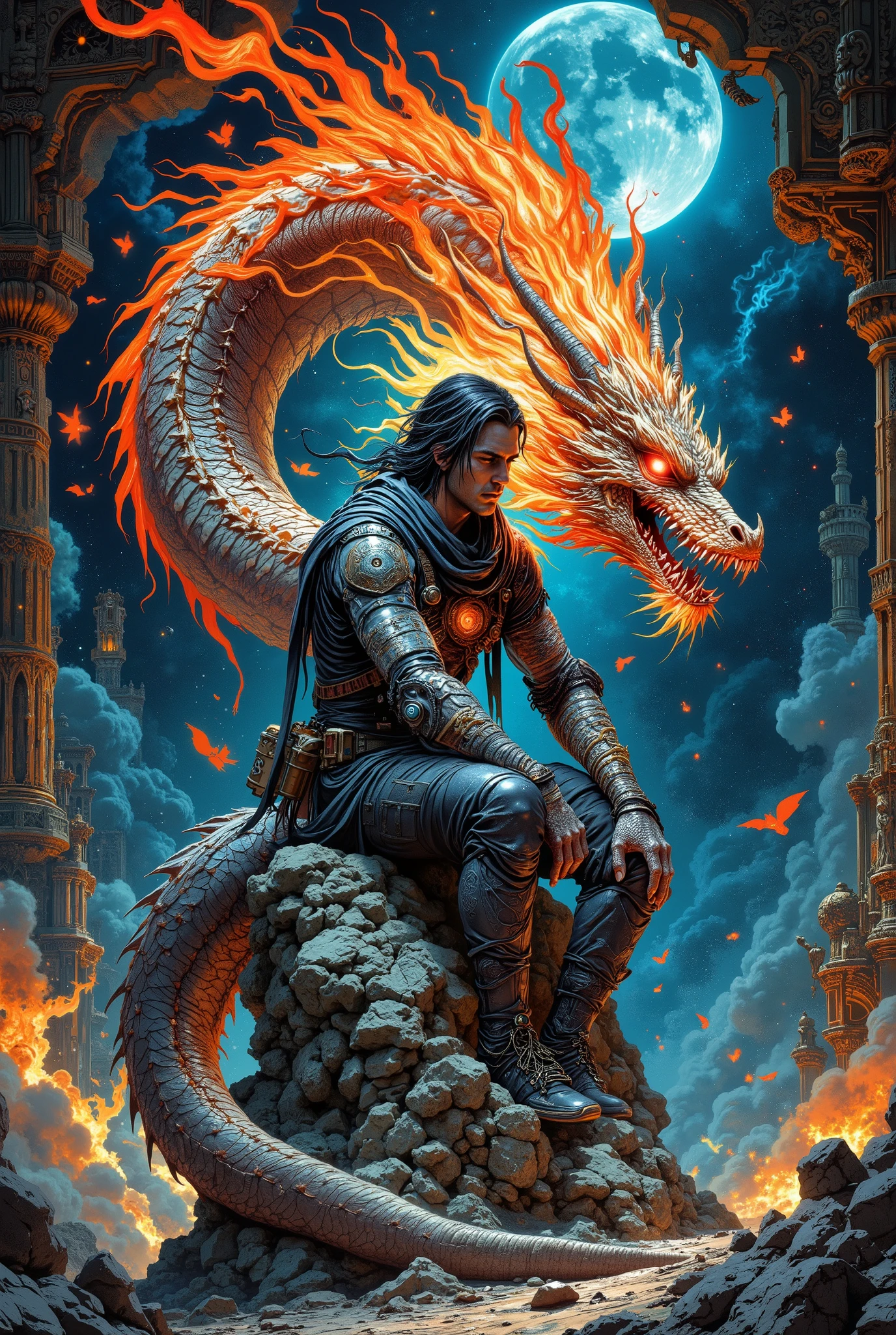 painting of a man sitting on a skateboard with a dragon on his head, dragon spits fire on a man, man with the soul of a dragon, digesting a small dragon, el bosco and dan mumford, by F Scott Hess, dan mumford tom bagshaw, jörmungandr, epic full color illustration, by F. Scott Hess, rob rey