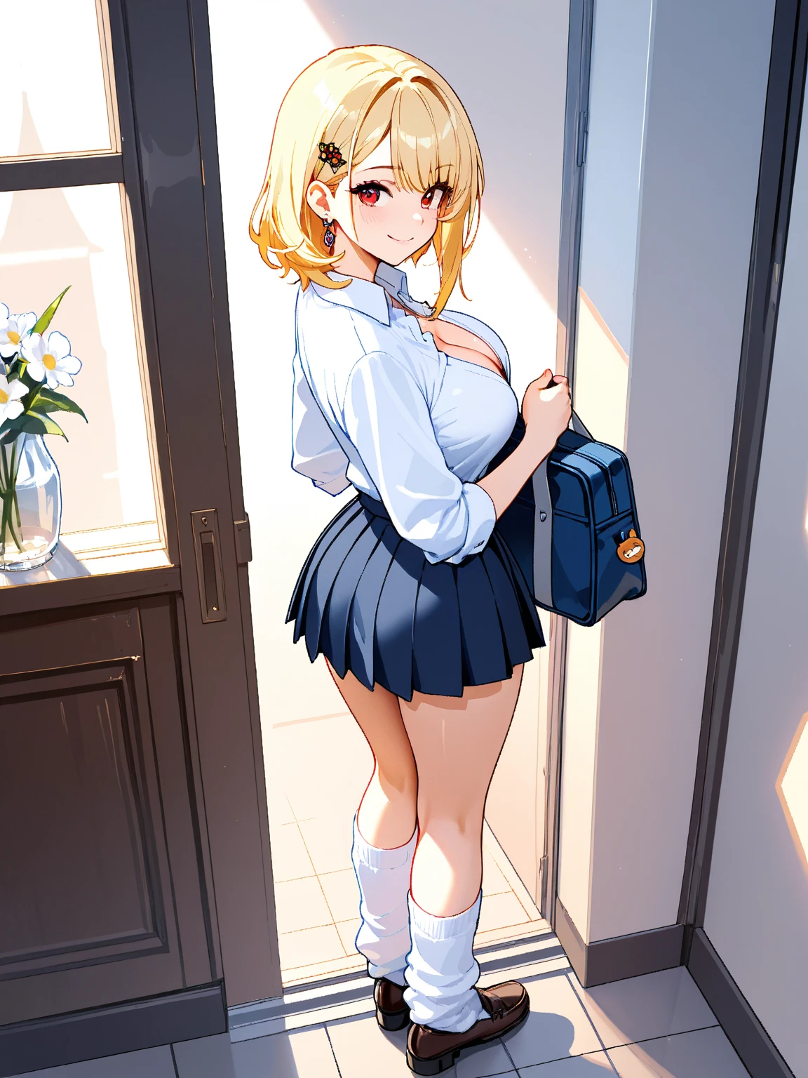 (masterpiece、top-quality;1.3)、ighly detailed、1girl in、atlibrary、Black Hair Band、Blonde long hair、big breast beauty、Open your legs to show your underwear、a miniskirt