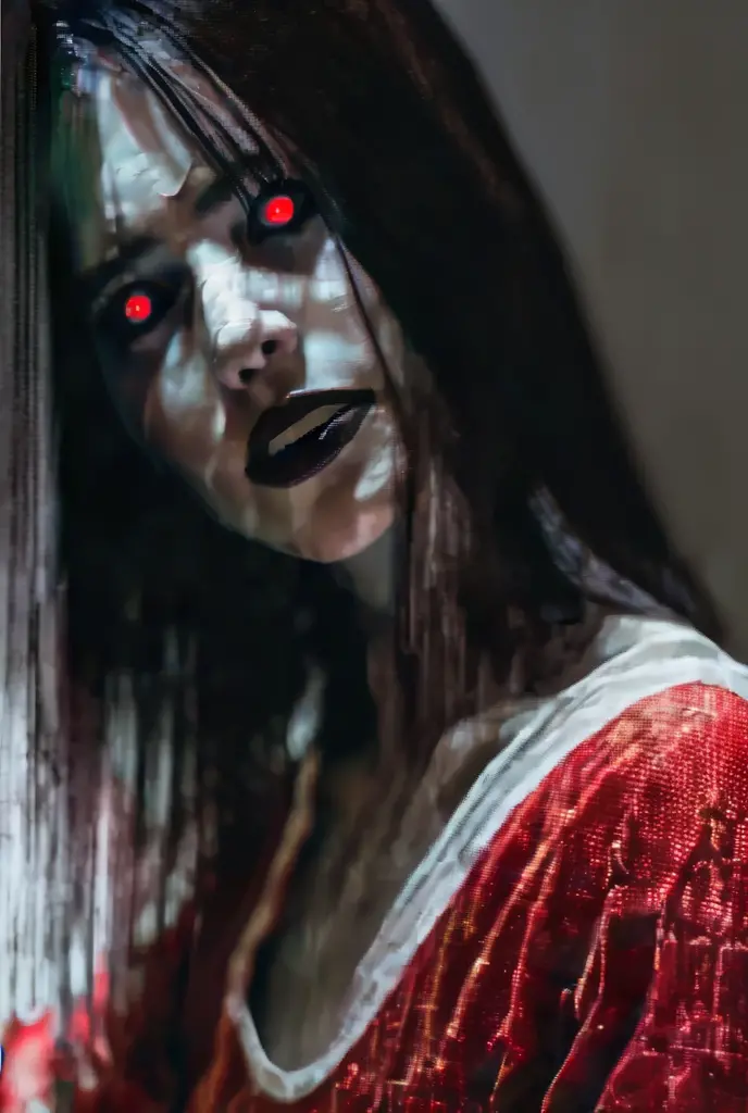 (misty, haze:2.0),(dimly lit:1.8), (translucent:1.4), (dark:1.6), (dark room:1.2), (chiaroscuro:1.8), shadow, (dark theme:1.2),cinematic movie still,(horror style:1.3), woman head with long black hair and a white ghostly face, wearing a creepy smile, (fading dark Red eyes:1.2), wide open , screaming expression, sharp fangs teethes, mood effect is eerie and unsettling,, absurdres, high sharp, ultra highres, high sharp, crystal clear, 4K, 8k, HD, UHD, super detail, absurdly detailed, highly detailed, best quality, high quality, Sharp