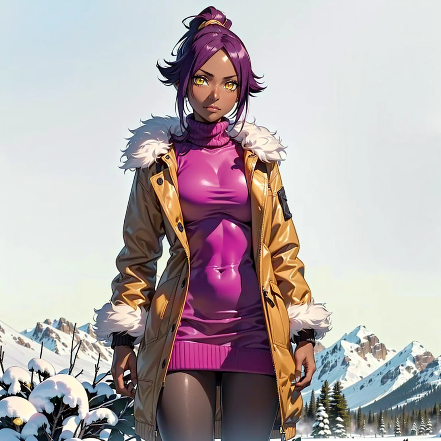 ((1girl, solo ,alone, (yoruichishihouin, yellow eyes, yoruichi shihouin, long hair, (yellow eyes:1.5), shihouin yoruichi, ponytail, purple hair, dark skin, dark-skinned female), masterpiece, detailed eyes)), ((solo, 1woman, Extremely detailed, ambient soft lighting, 4k, perfect eyes, a perfect face, perfect lighting, a 1girl)), austere, ((fitness,, shapely body, athletic body, toned body)),((warm clothes, overcoat, fur coat, sweater, leather skirt, tights, high heel boots, mountainous environment, snow, sunny day, forest, tundra forest, smug))