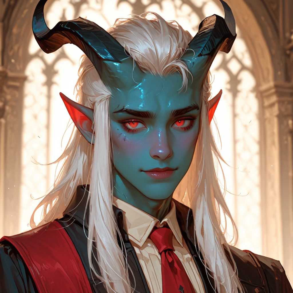 a thin tiefling man with red skin and blue hair, blue eyes