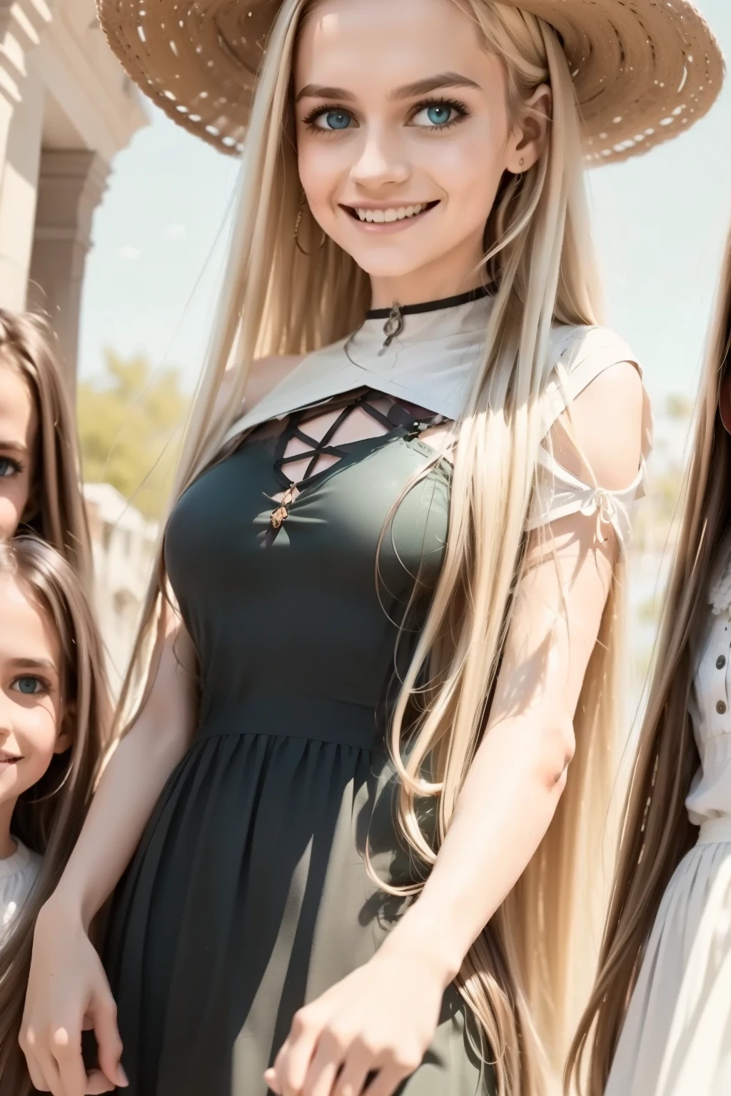 a mother with her daughters in a space station, a girl with long blond hair, a girl with long brown hair. Mom with long hair and dark green eyes