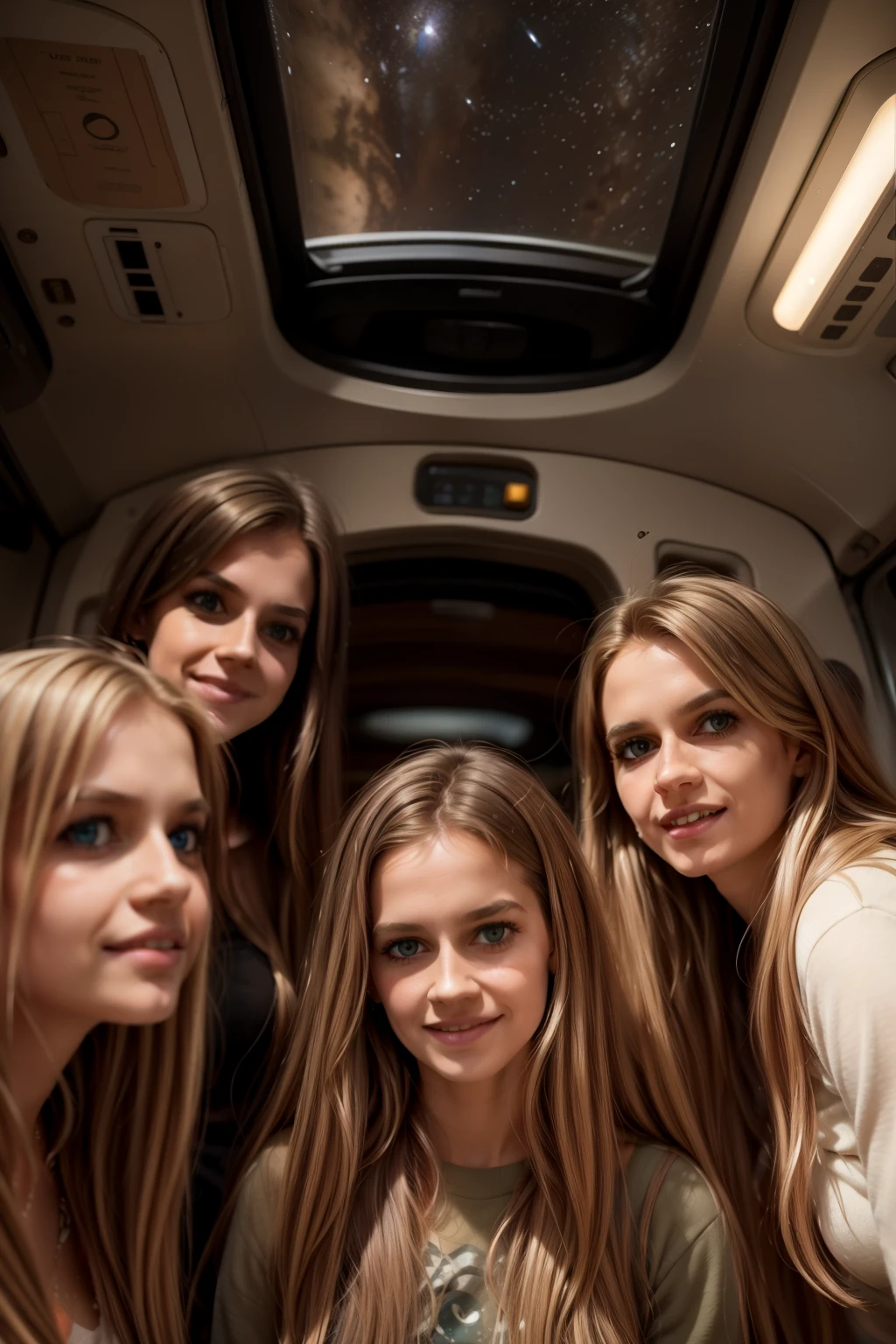 a mother with her daughters in a space station, a girl with long blond hair, a girl with long brown hair. Mom with long hair and dark green eyes